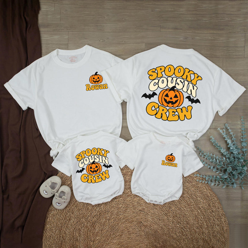 Spooky Cousin Crew Halloween Matching Shirts with Pumpkin and Bat Artwork, Family Costume Tees, Personalized Name Option
