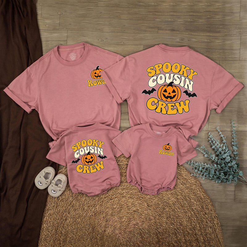 Spooky Cousin Crew Halloween Matching Shirts with Pumpkin and Bat Artwork, Family Costume Tees, Personalized Name Option
