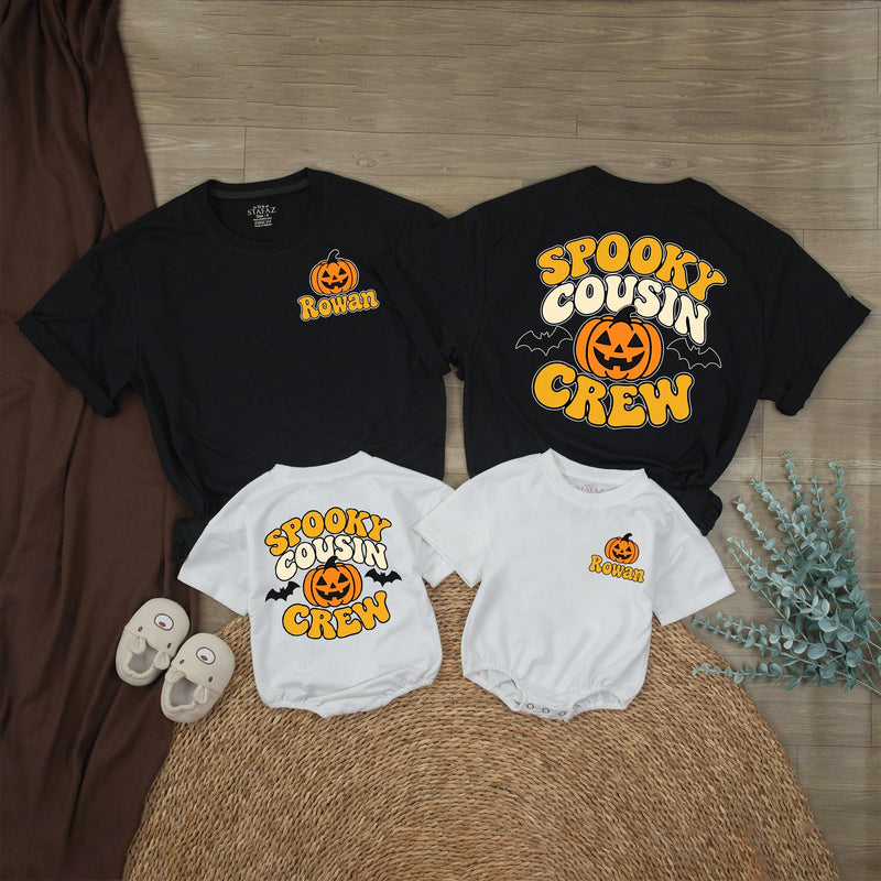 Spooky Cousin Crew Halloween Matching Shirts with Pumpkin and Bat Artwork, Family Costume Tees, Personalized Name Option