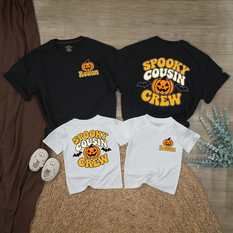 Spooky Cousin Crew Halloween Matching Shirts with Pumpkin and Bat Artwork, Family Costume Tees, Personalized Name Option