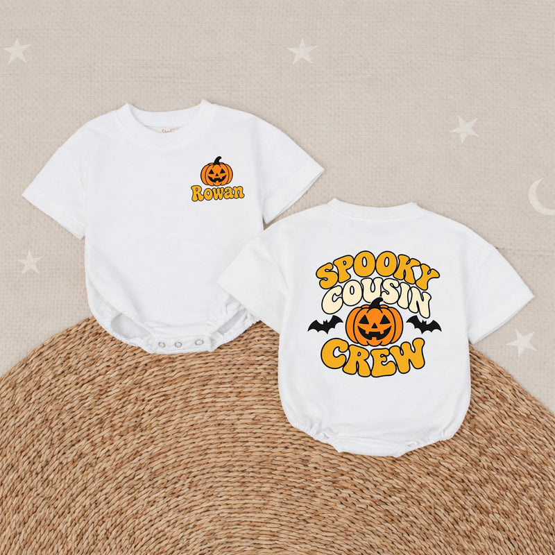 Spooky Cousin Crew Halloween Matching Shirts with Pumpkin and Bat Artwork, Family Costume Tees, Personalized Name Option