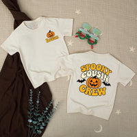 Spooky Cousin Crew Halloween Matching Shirts with Pumpkin and Bat Artwork, Family Costume Tees, Personalized Name Option