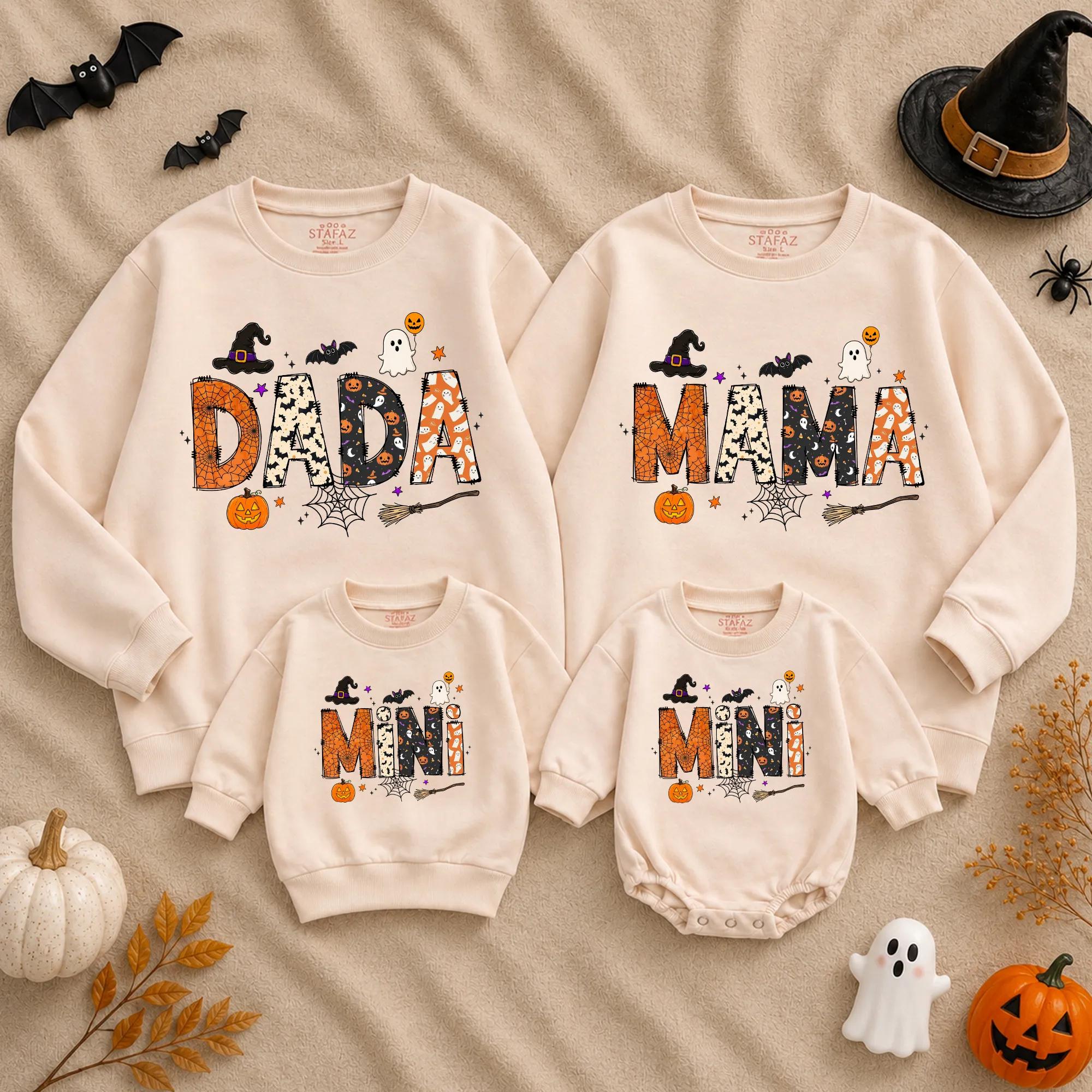 Spooky Dada Mama Mini Halloween Sweatshirts with Ghost and Pumpkin Design, Matching Family Outfits for Fall Festivities