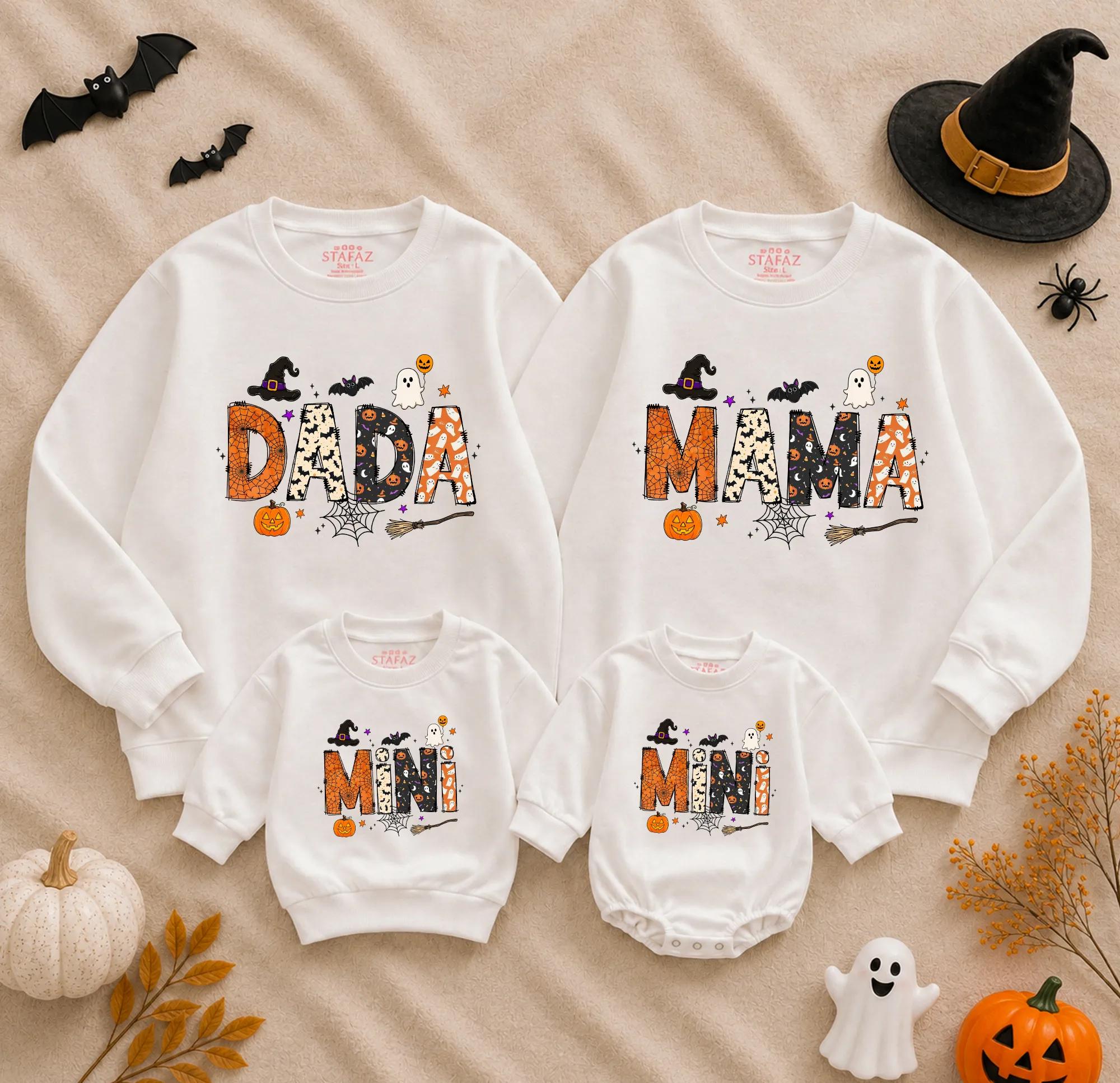 Spooky Dada Mama Mini Halloween Sweatshirts with Ghost and Pumpkin Design, Matching Family Outfits for Fall Festivities