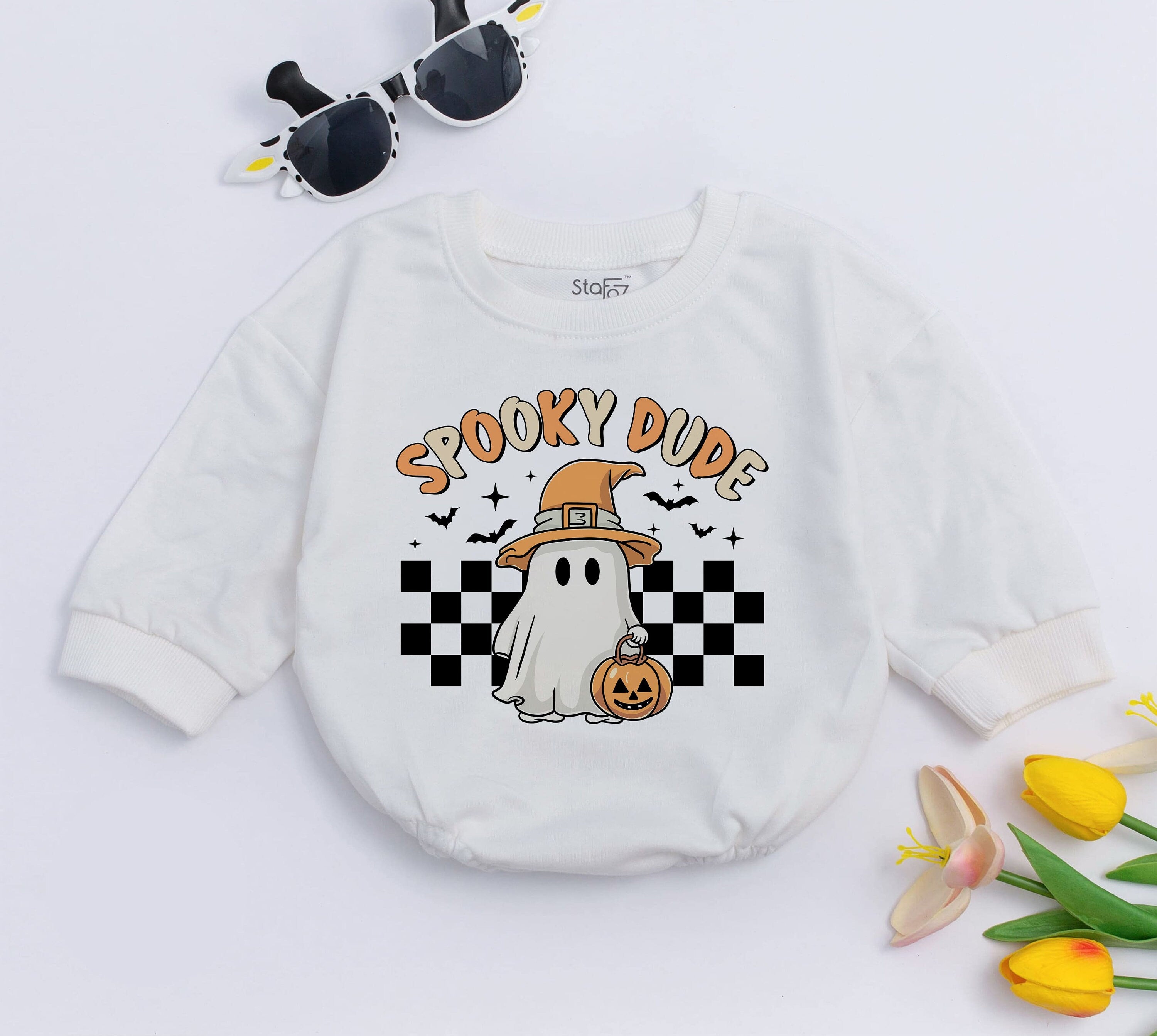 Spooky Dude Baby Romper Cute Ghost Witch Hat Pumpkin Retro Halloween Outfit Infant Vintage Fall Clothes First Holiday Gift