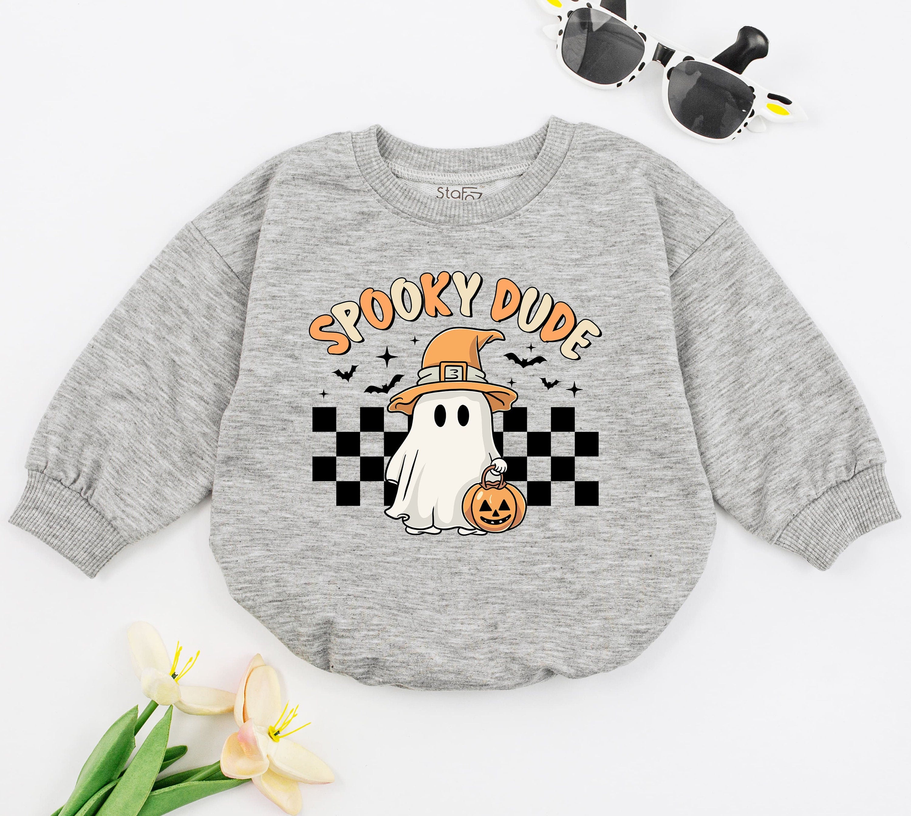 Spooky Dude Baby Romper Cute Ghost Witch Hat Pumpkin Retro Halloween Outfit Infant Vintage Fall Clothes First Holiday Gift