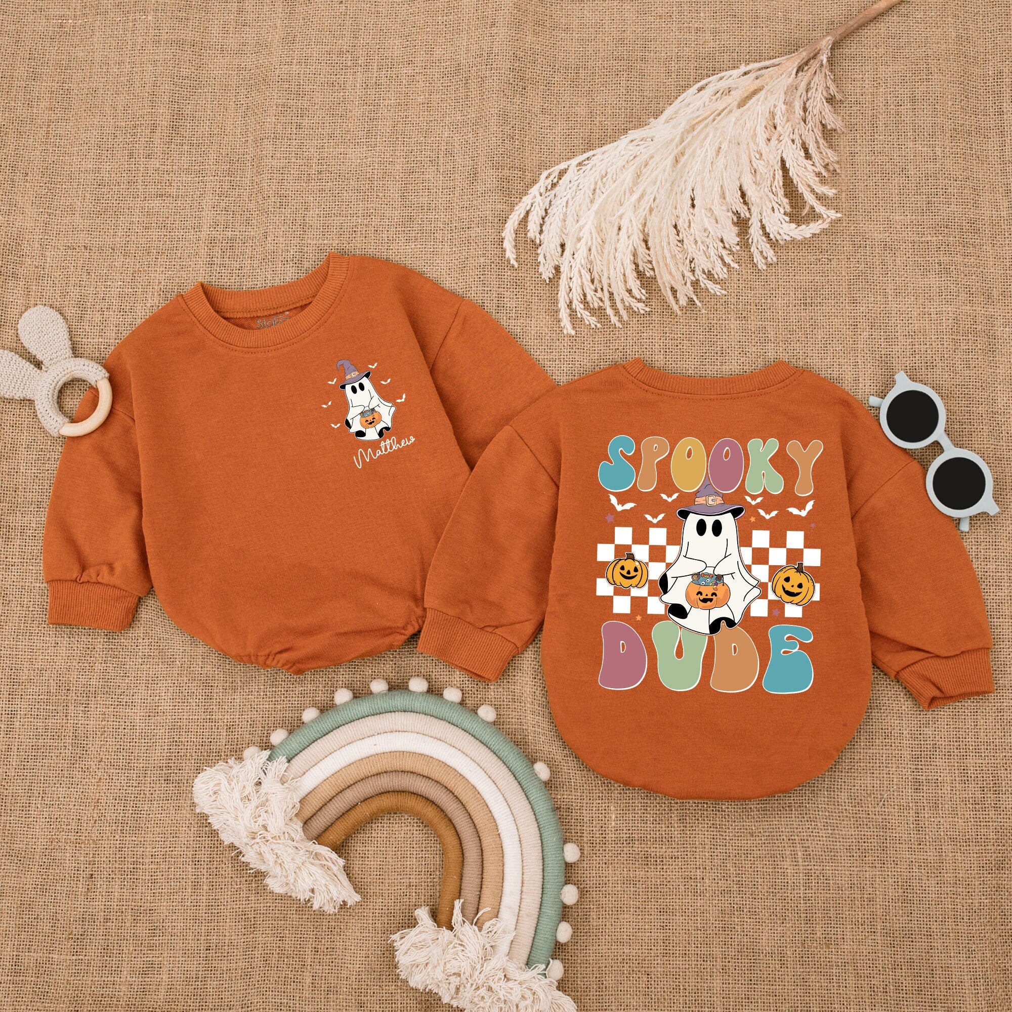 Spooky Dude Custom Baby Romper with Ghost and Pumpkins Halloween Outfit Soft Cotton Infant Gift for Baby Shower Boy Costume