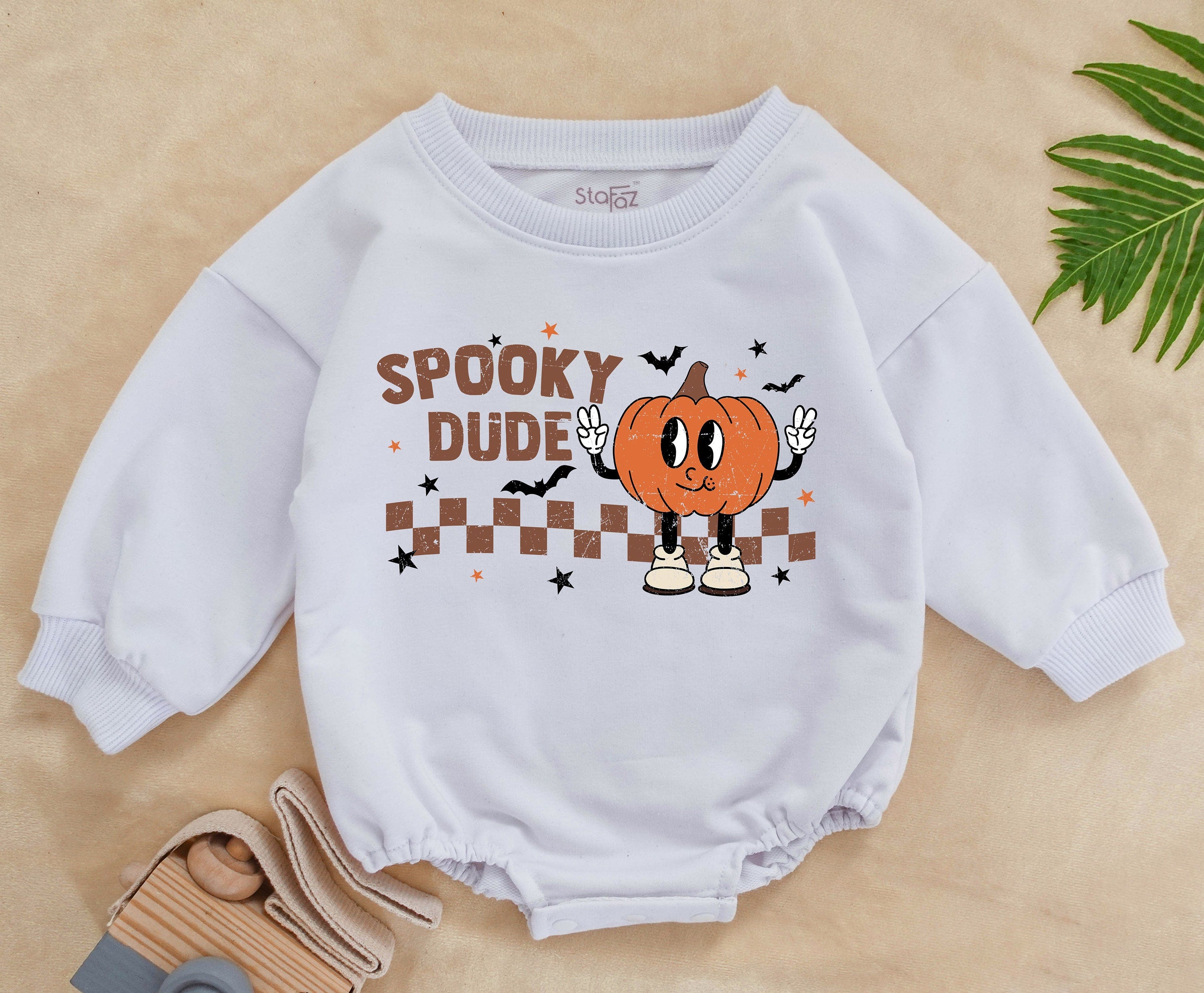 Spooky Dude Pumpkin Baby Romper with Retro Checkered Pattern for Halloween Fun Soft Cotton Infant Outfit Autumn Colors Boy Girl Gift