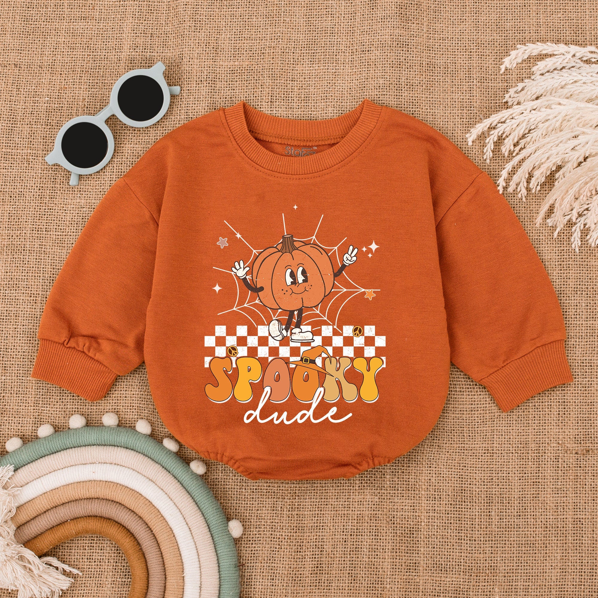 Spooky Dude Pumpkin Halloween Romper Baby Boy Outfit Vintage Design with Playful Pumpkin Character Cotton Bodysuit Gift Idea