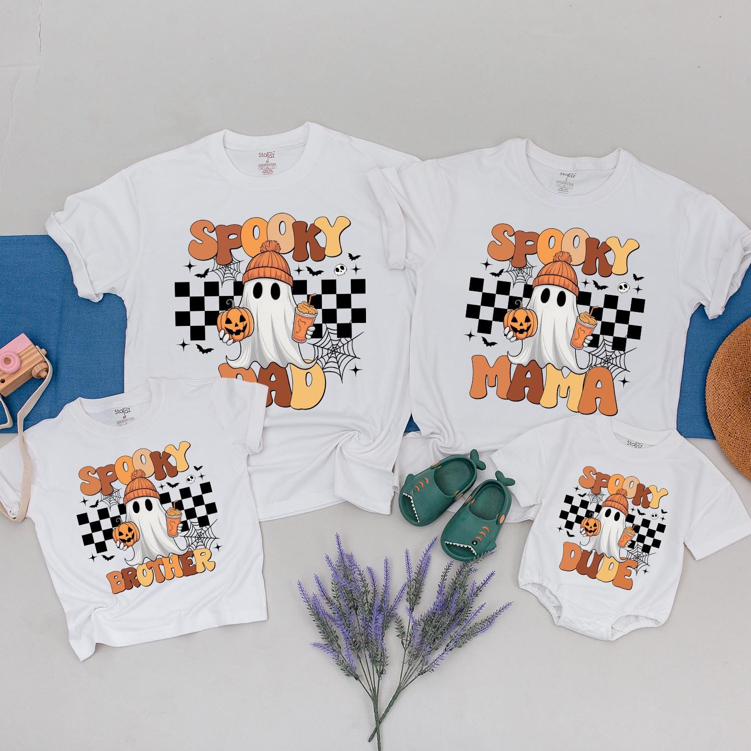 Spooky Family Matching Shirts Retro Ghost Halloween Birthday Outfit Custom Name Vintage Style Toddler Baby Soft Cotton Holiday Apparel