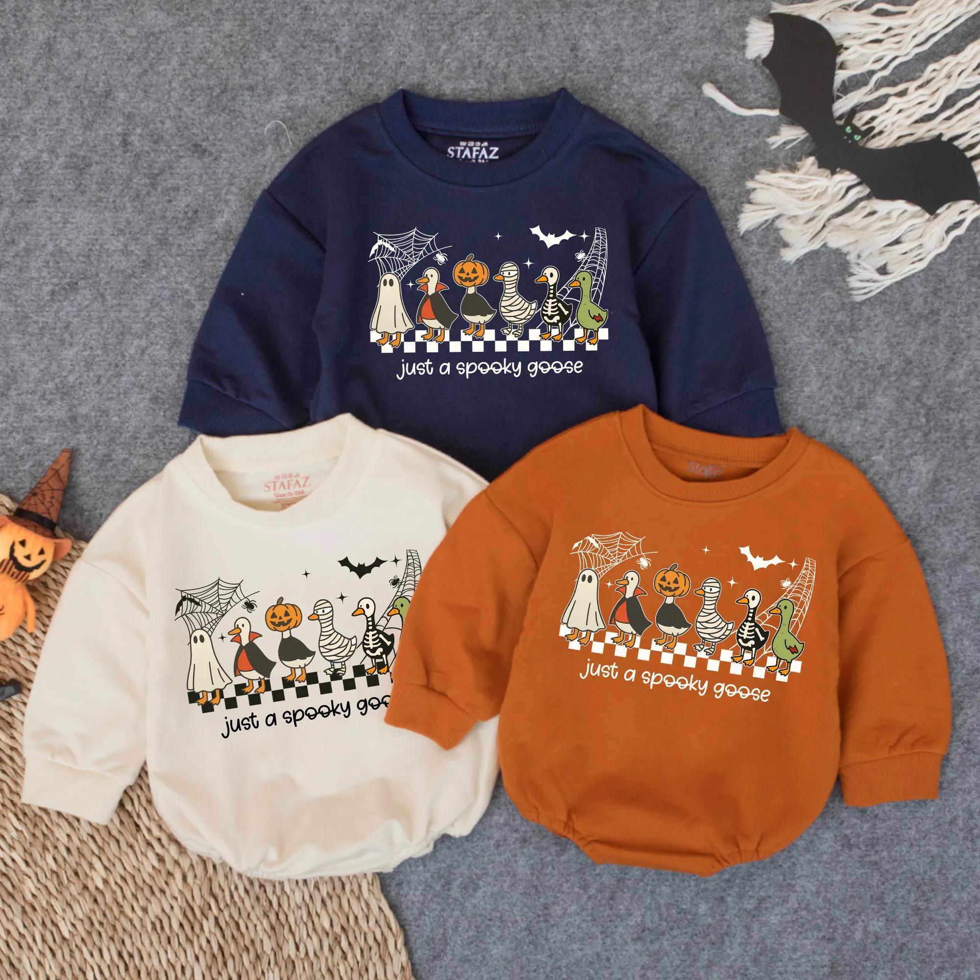 Spooky Goose Baby Romper Halloween Costume Infant Bodysuit Cute Fall Toddler Outfit Soft Cotton First Holiday Gift Black Orange Green