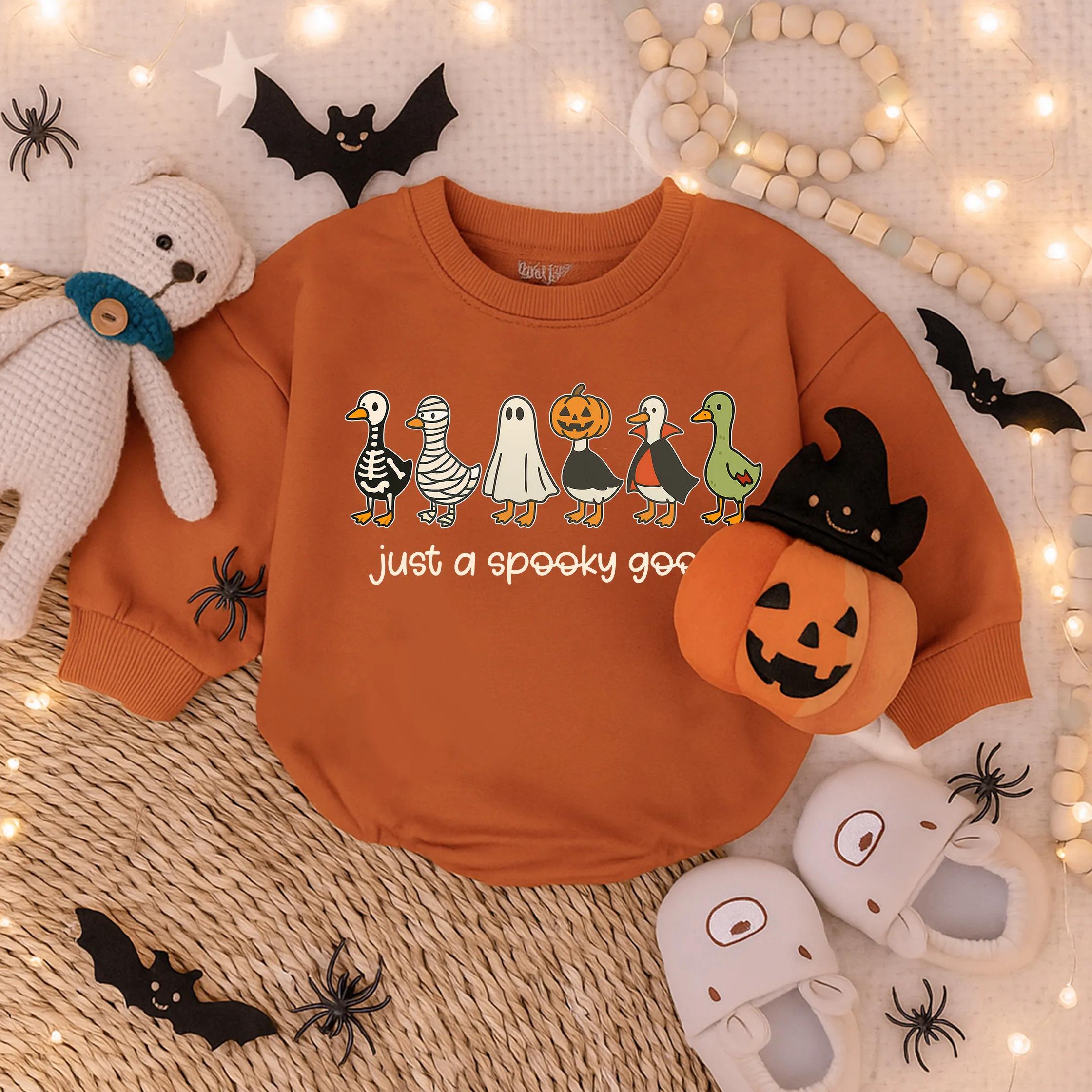 Spooky Goose Halloween Baby Romper Cute Toddler Costume Outfit Funny Fall Infant Clothes with Witch Mummy Pumpkin Ghost Skeleton Design