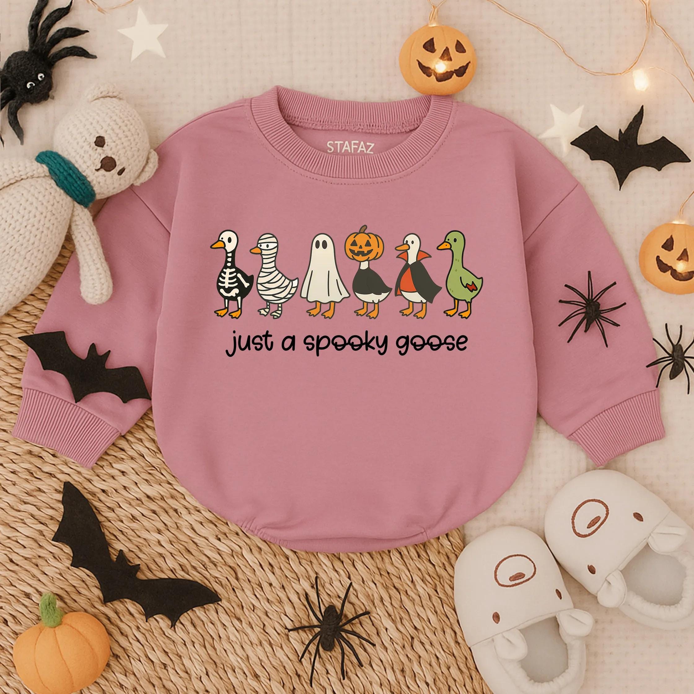 Spooky Goose Halloween Baby Romper Cute Toddler Costume Outfit Funny Fall Infant Clothes with Witch Mummy Pumpkin Ghost Skeleton Design