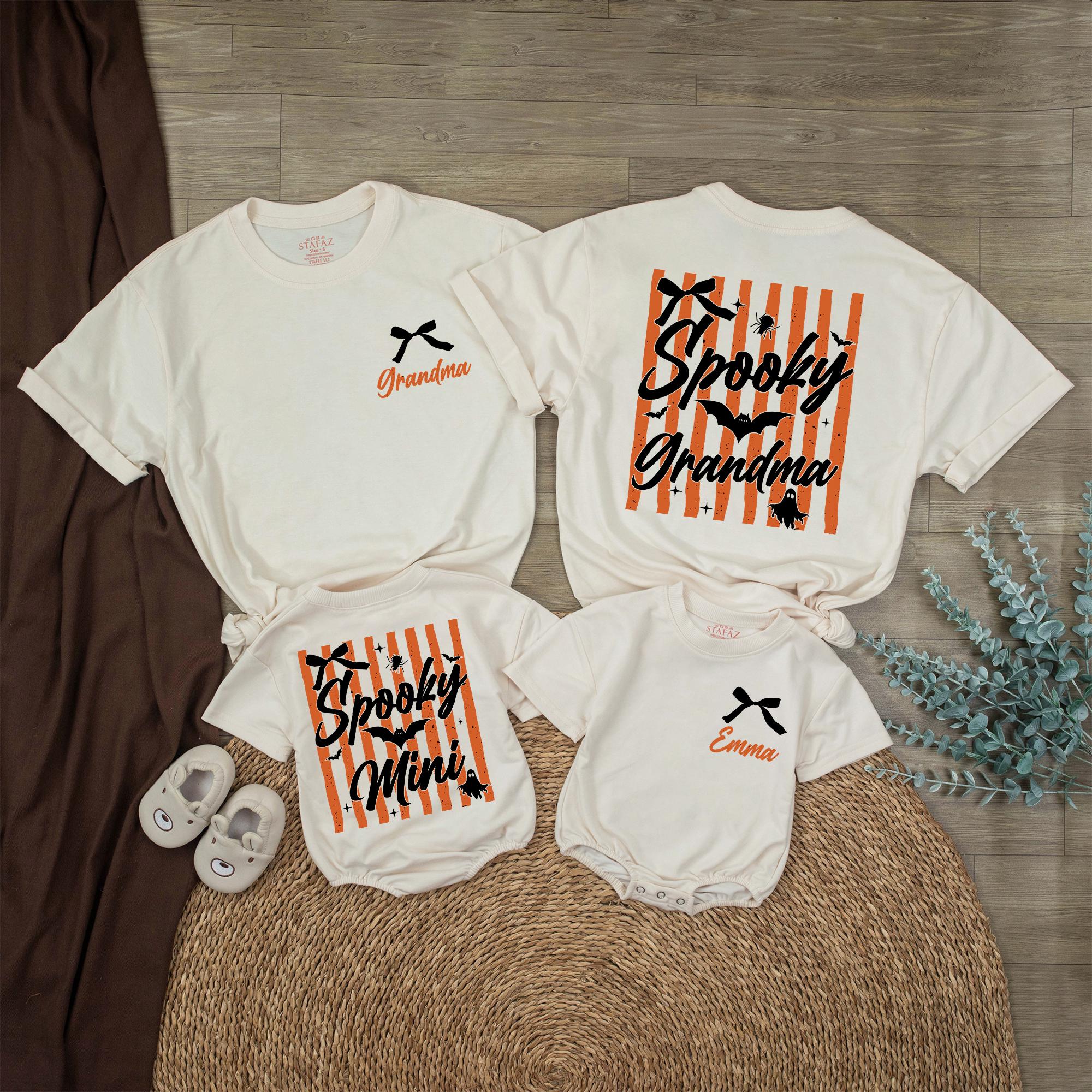 Spooky Grandma and Mini Halloween Matching Shirts, Orange Stripe Graphic Baby Romper with Custom Name, Family Fall Outfit