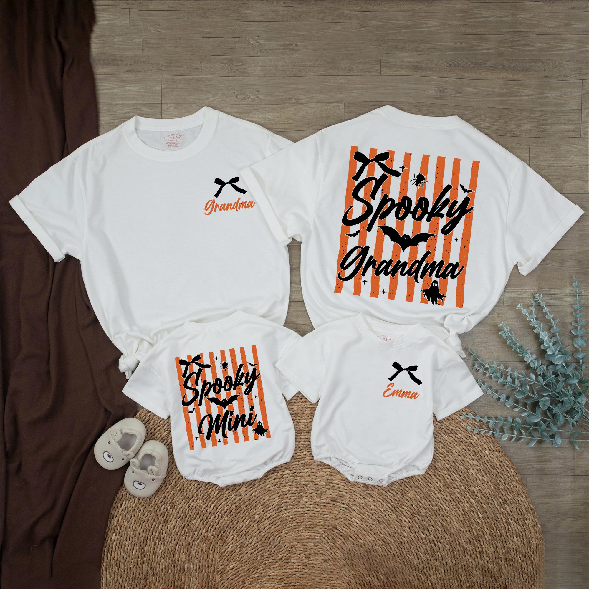 Spooky Grandma and Mini Halloween Matching Shirts, Orange Stripe Graphic Baby Romper with Custom Name, Family Fall Outfit