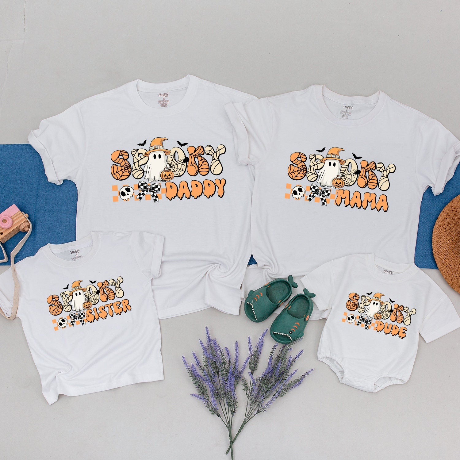 Spooky Halloween Family Matching Shirts Ghost Pumpkin Design Custom Names Personalized 1st Birthday Outfit Mommy Dad Kids Fall Wear
