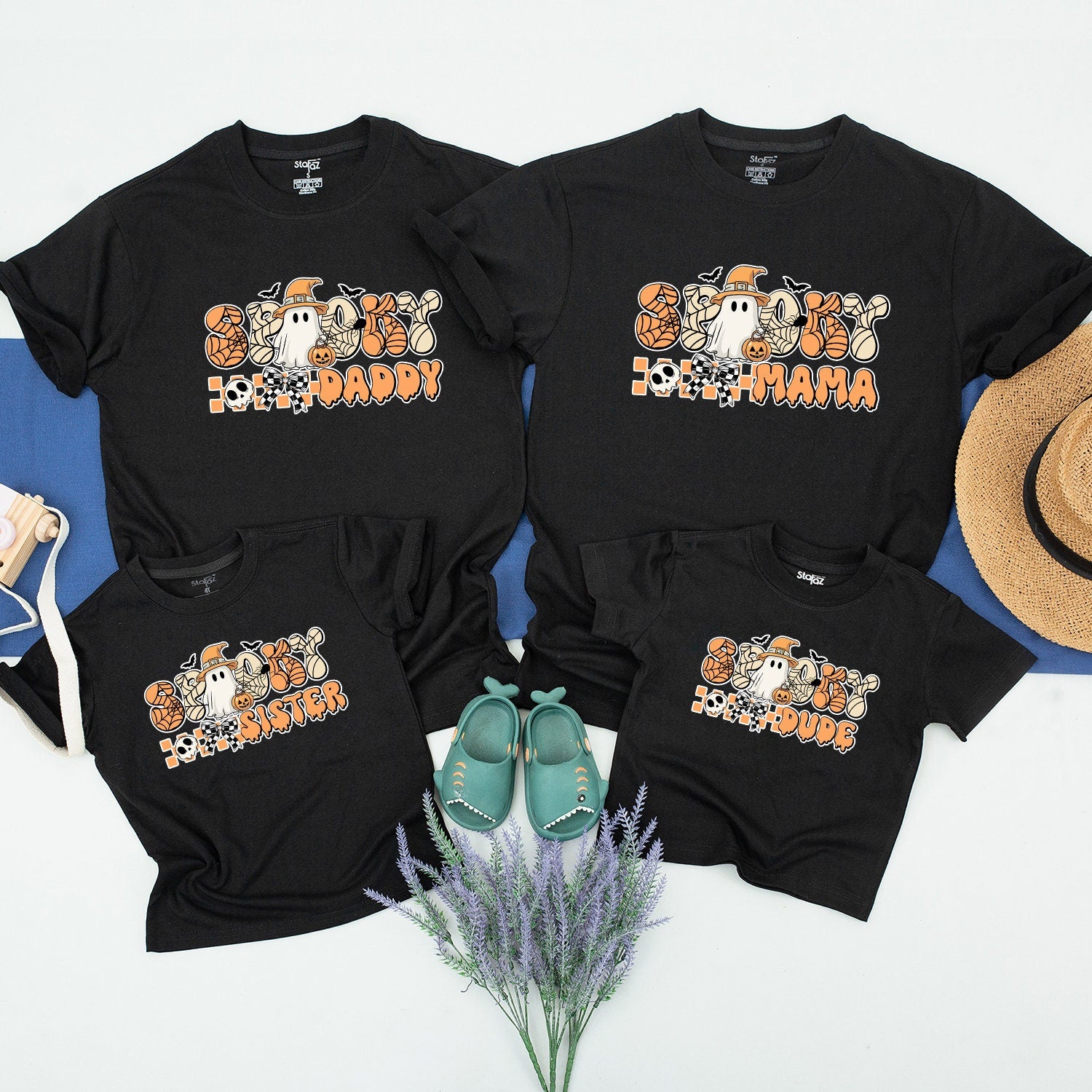 Spooky Halloween Family Matching Shirts Ghost Pumpkin Design Custom Names Personalized 1st Birthday Outfit Mommy Dad Kids Fall Wear