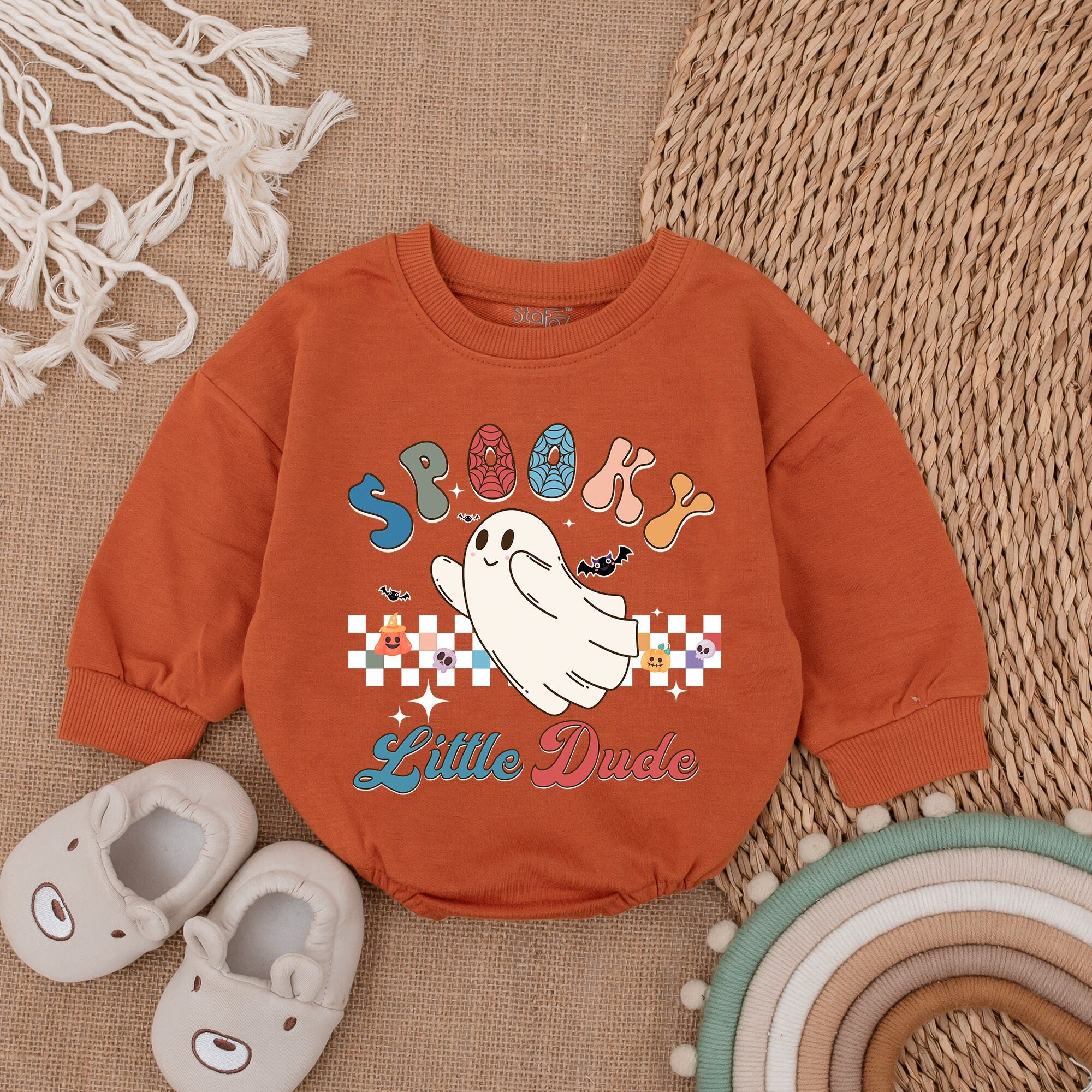Spooky Little Dude Halloween Baby Bodysuit with Ghost and Pumpkins Fun Festive First Holiday Infant Romper Boy Clothes Soft Cotton