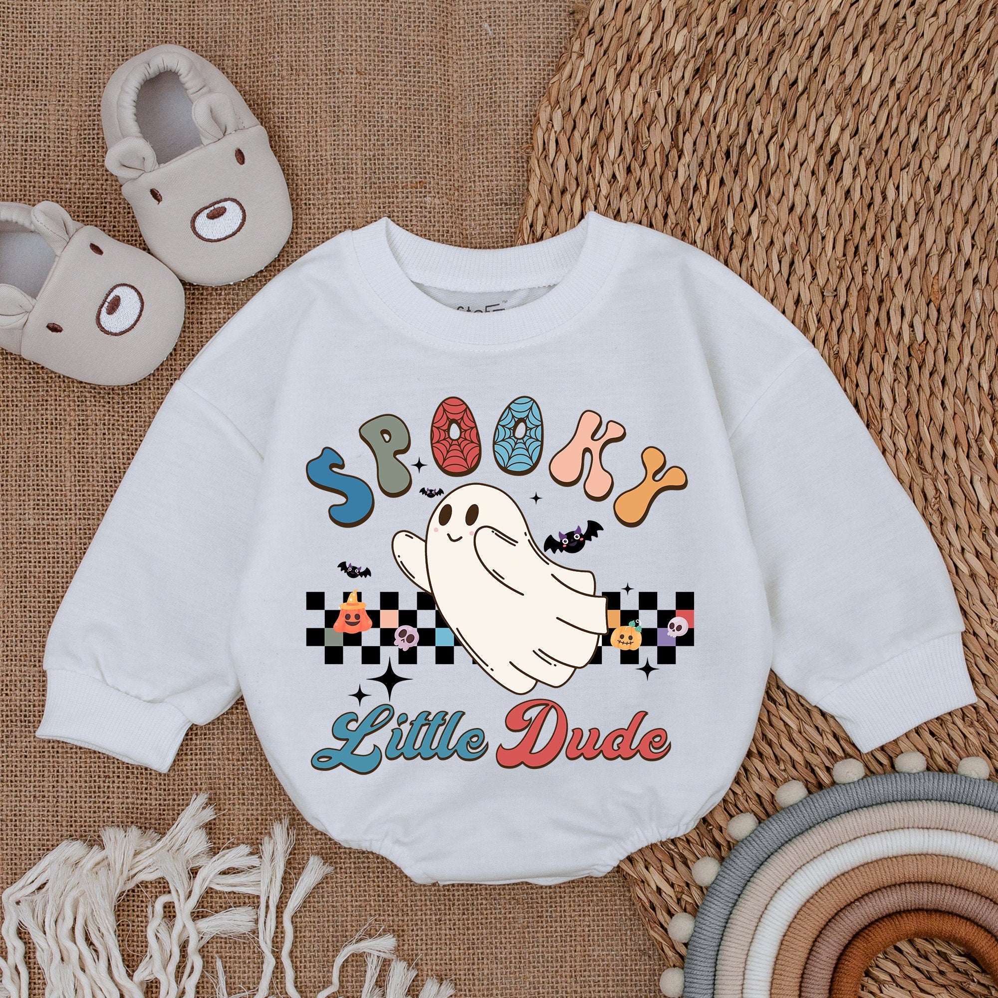 Spooky Little Dude Halloween Baby Bodysuit with Ghost and Pumpkins Fun Festive First Holiday Infant Romper Boy Clothes Soft Cotton