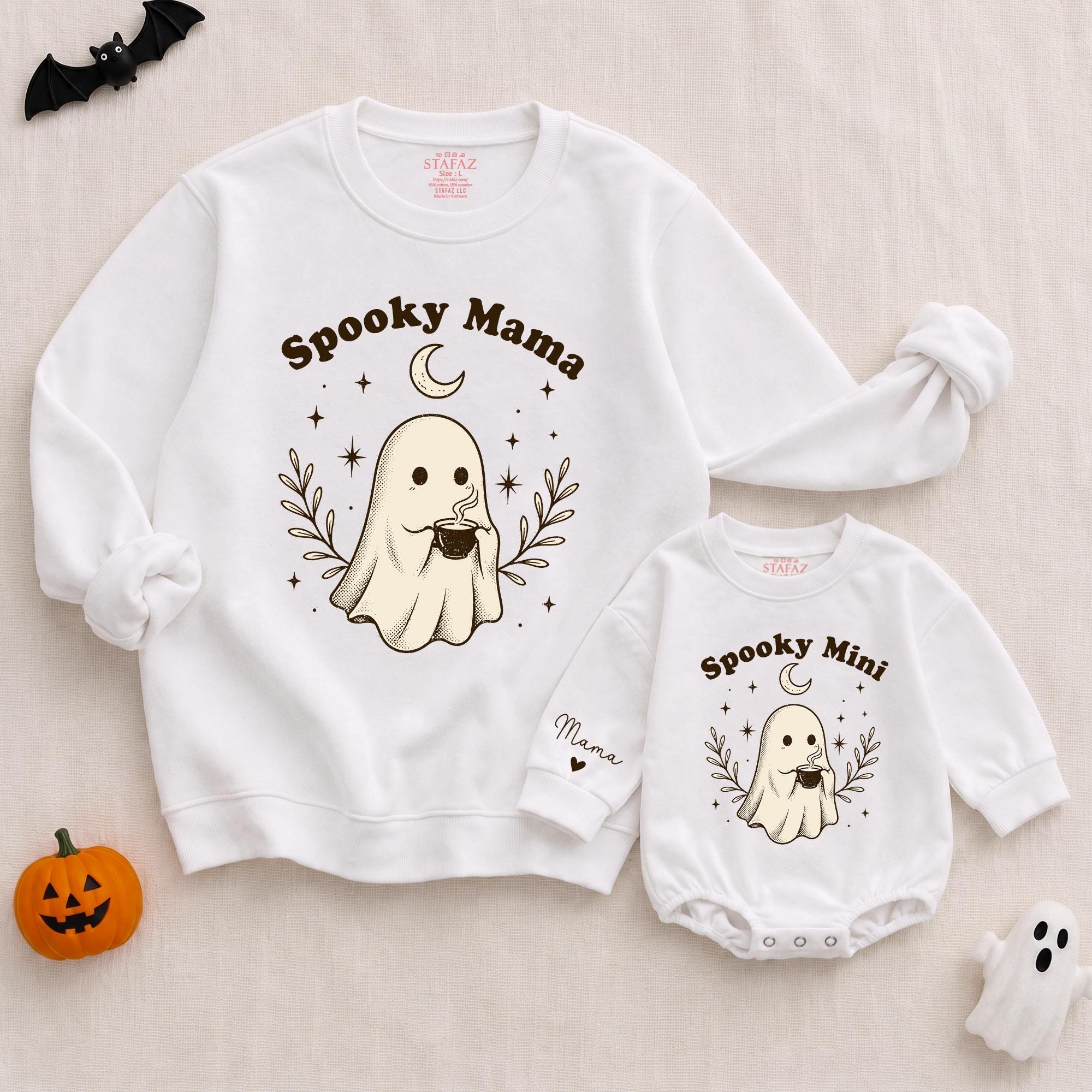 Spooky Mama and Mini Ghost Halloween Sweatshirt and Baby Romper Set with Custom Name, Mommy and Me Matching Fall Outfits