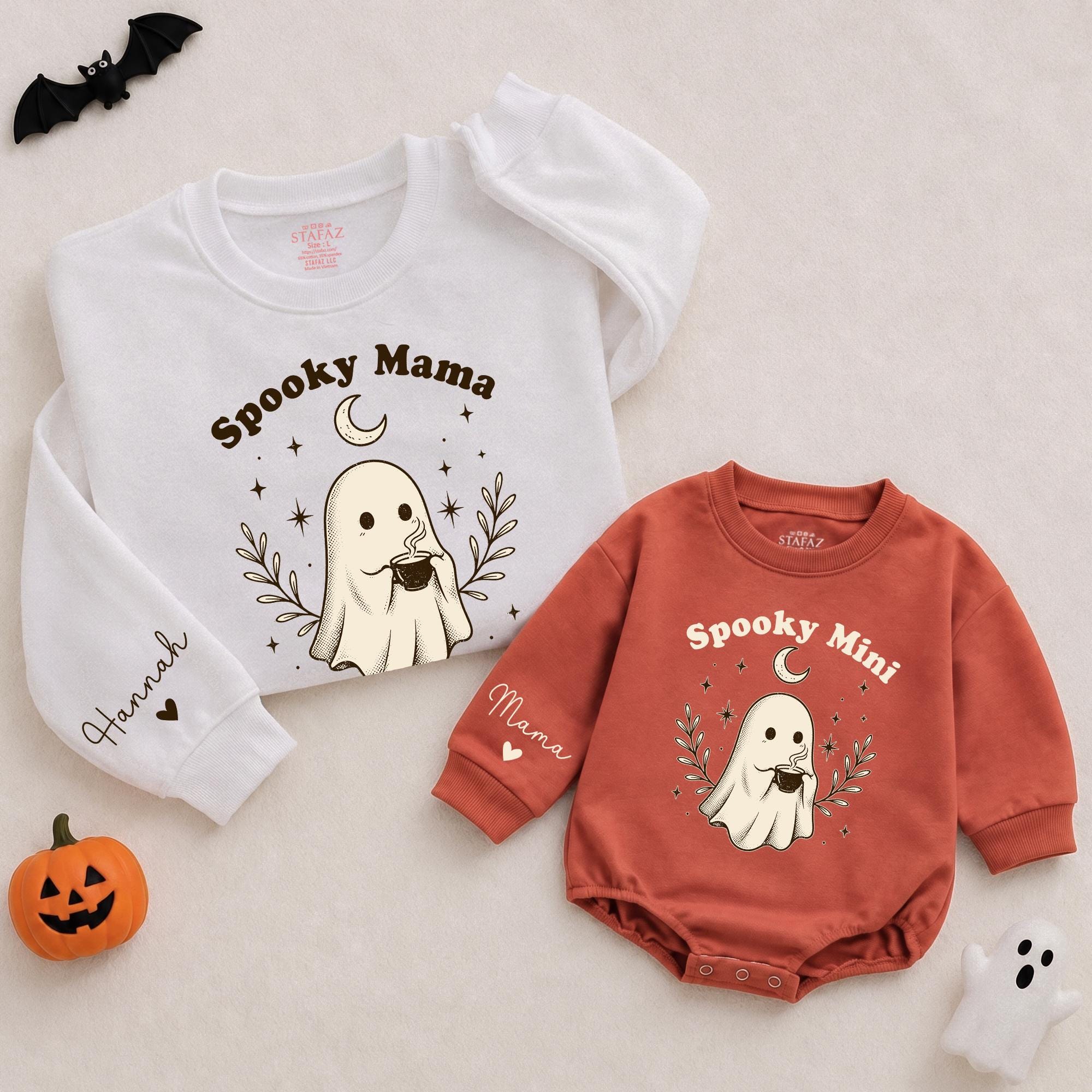 Spooky Mama and Mini Ghost Halloween Sweatshirt and Baby Romper Set with Custom Name, Mommy and Me Matching Fall Outfits