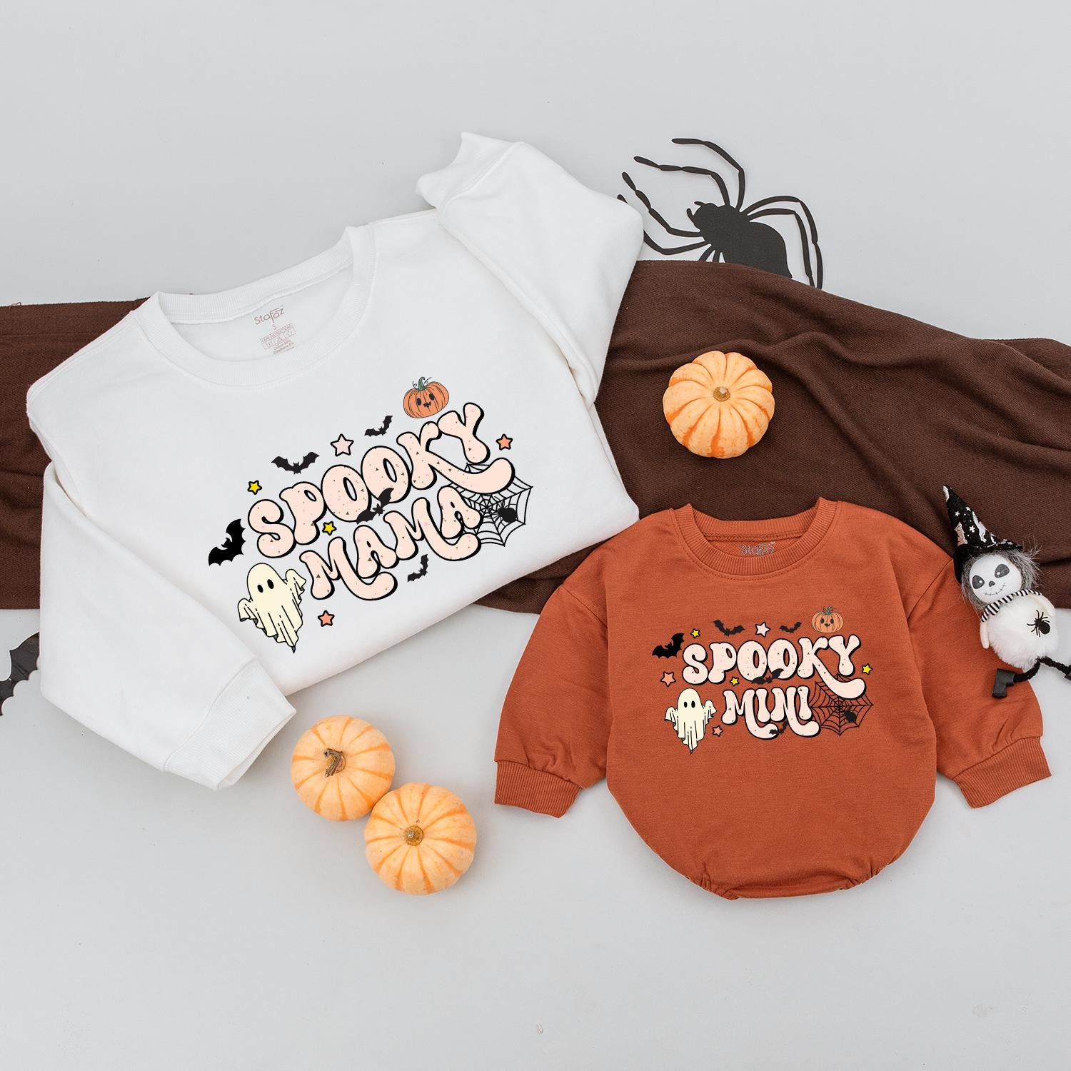 Spooky Mama and Mini Halloween Sweatshirts with Ghosts and Pumpkins Family Matching Outfits Soft Cotton Festive Holiday Gift
