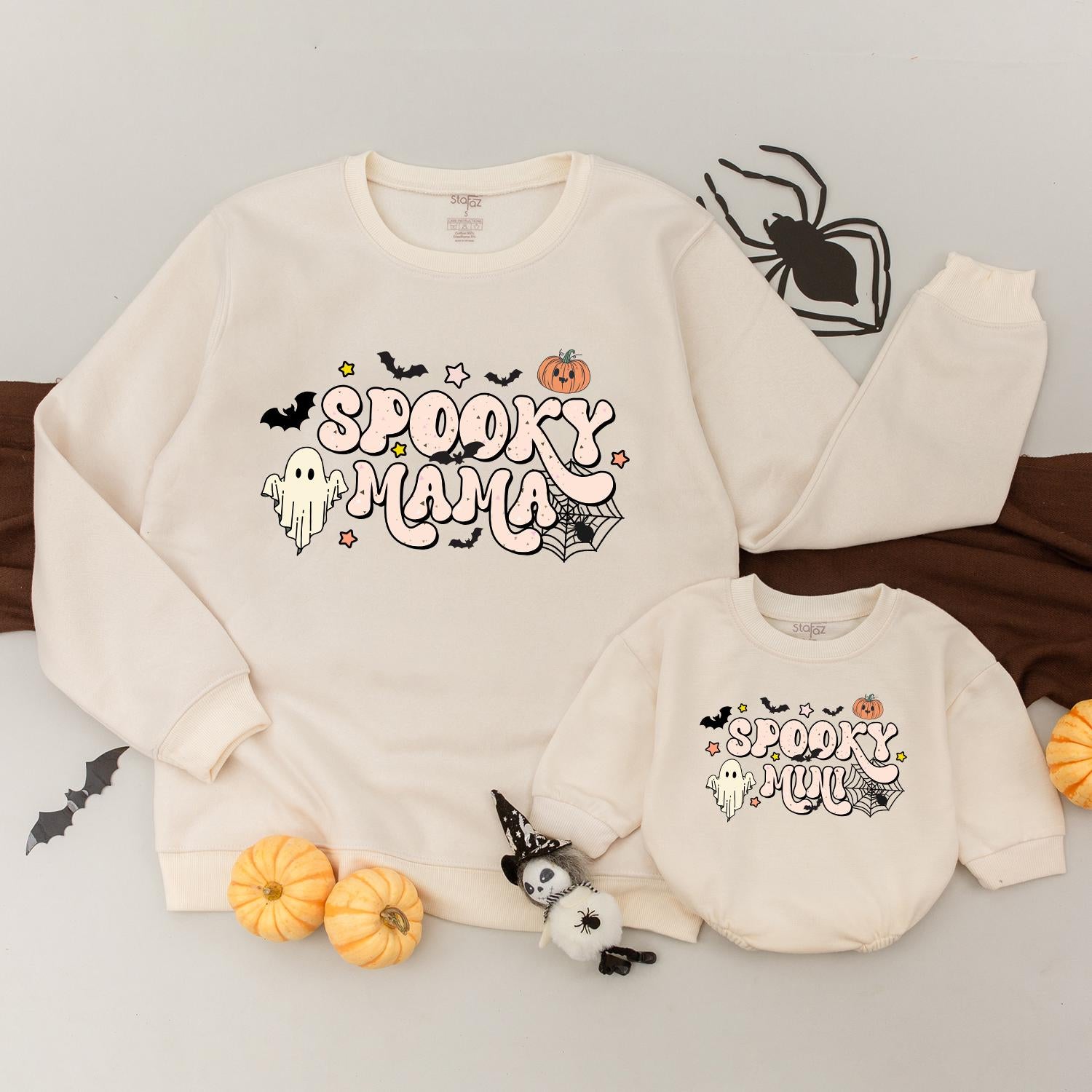 Spooky Mama and Mini Halloween Sweatshirts with Ghosts and Pumpkins Family Matching Outfits Soft Cotton Festive Holiday Gift