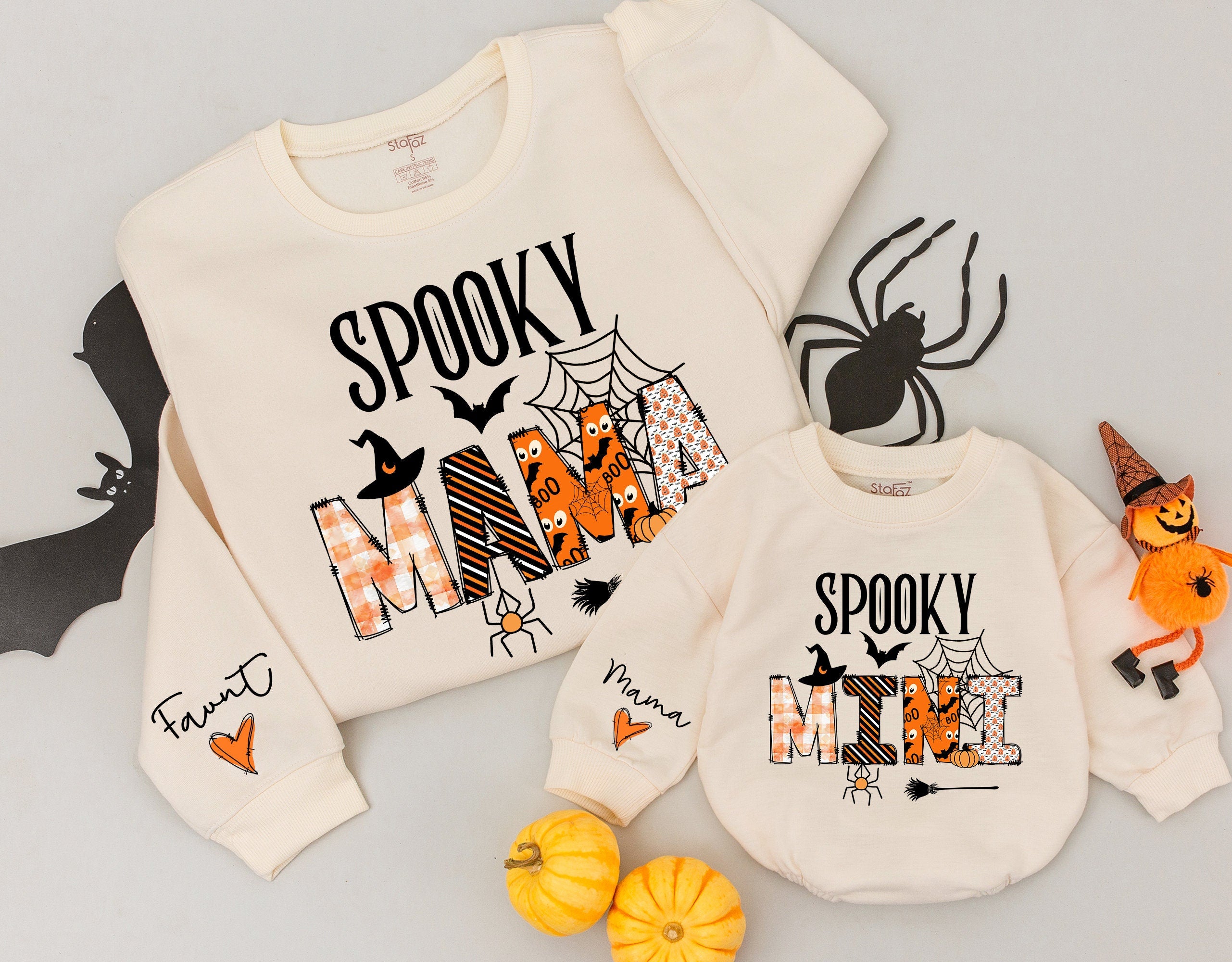 Spooky Mama and Mini Retro Halloween Sweatshirt Matching Family Costume Cute Baby Romper Fall Gift Cotton Comfort Personalized Name
