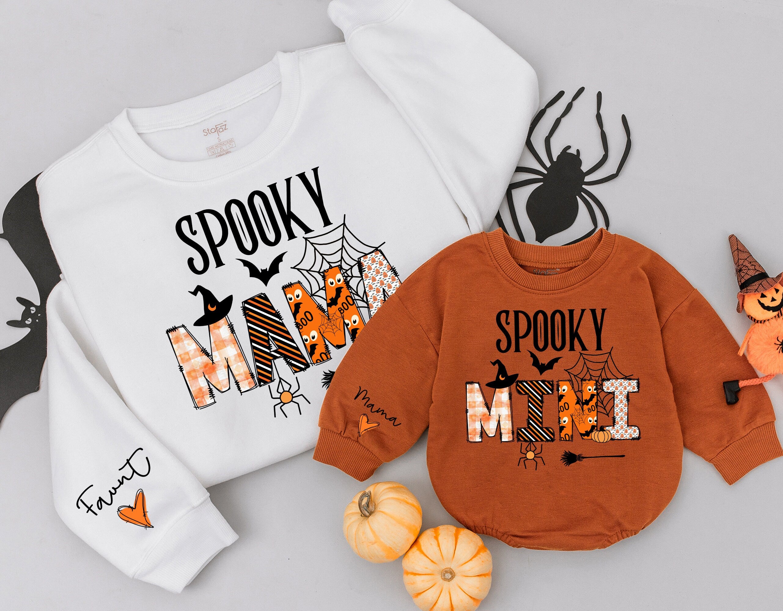 Spooky Mama and Mini Retro Halloween Sweatshirt Matching Family Costume Cute Baby Romper Fall Gift Cotton Comfort Personalized Name