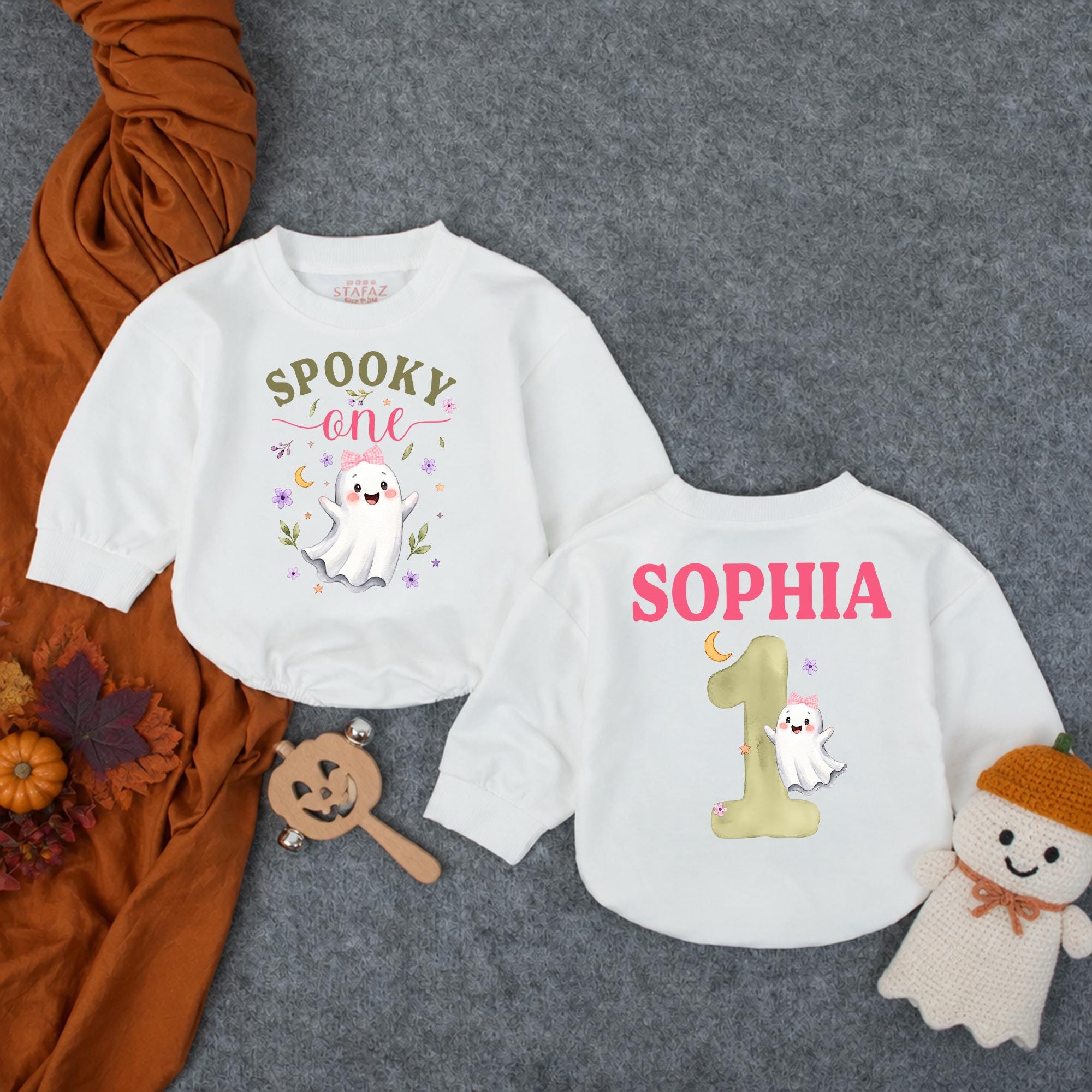 Spooky One Ghost Baby Romper with Floral Halloween Graphic and Custom Name, 1st Birthday Girl Outfit for Pumpkin Patch Photos