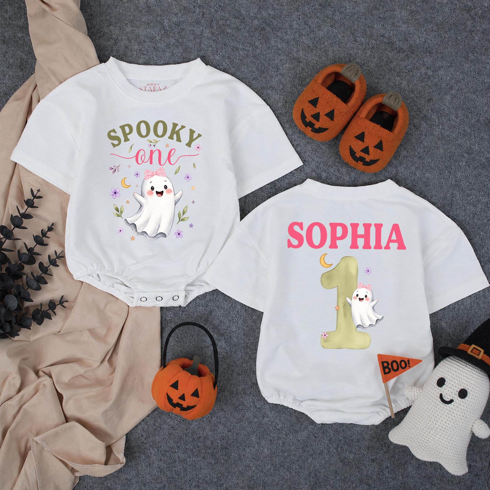 Spooky One Ghost Baby Romper with Floral Halloween Graphic and Custom Name, 1st Birthday Girl Outfit for Pumpkin Patch Photos