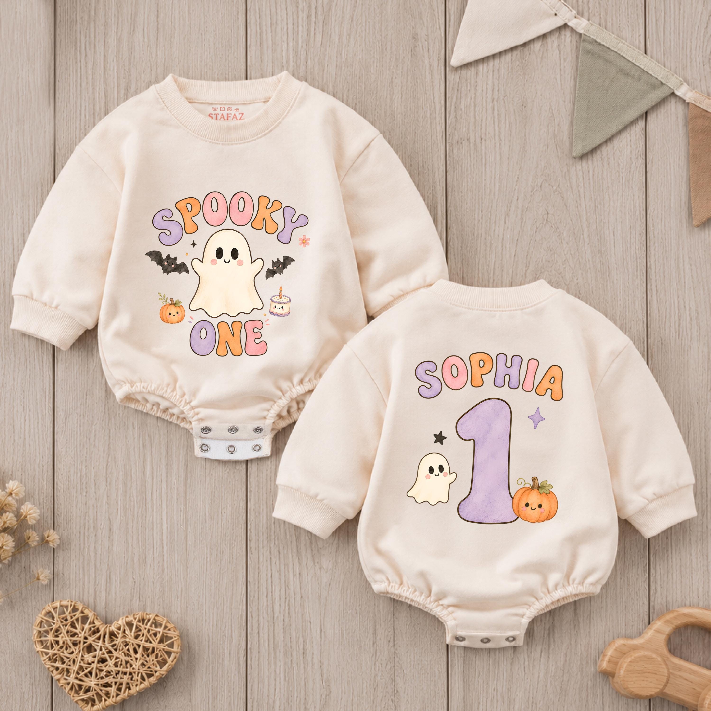 Spooky One Halloween Baby Romper with Ghost and Pumpkin Design, Custom Name 1st Birthday Outfit, Fall Baby Shower Gift Idea
