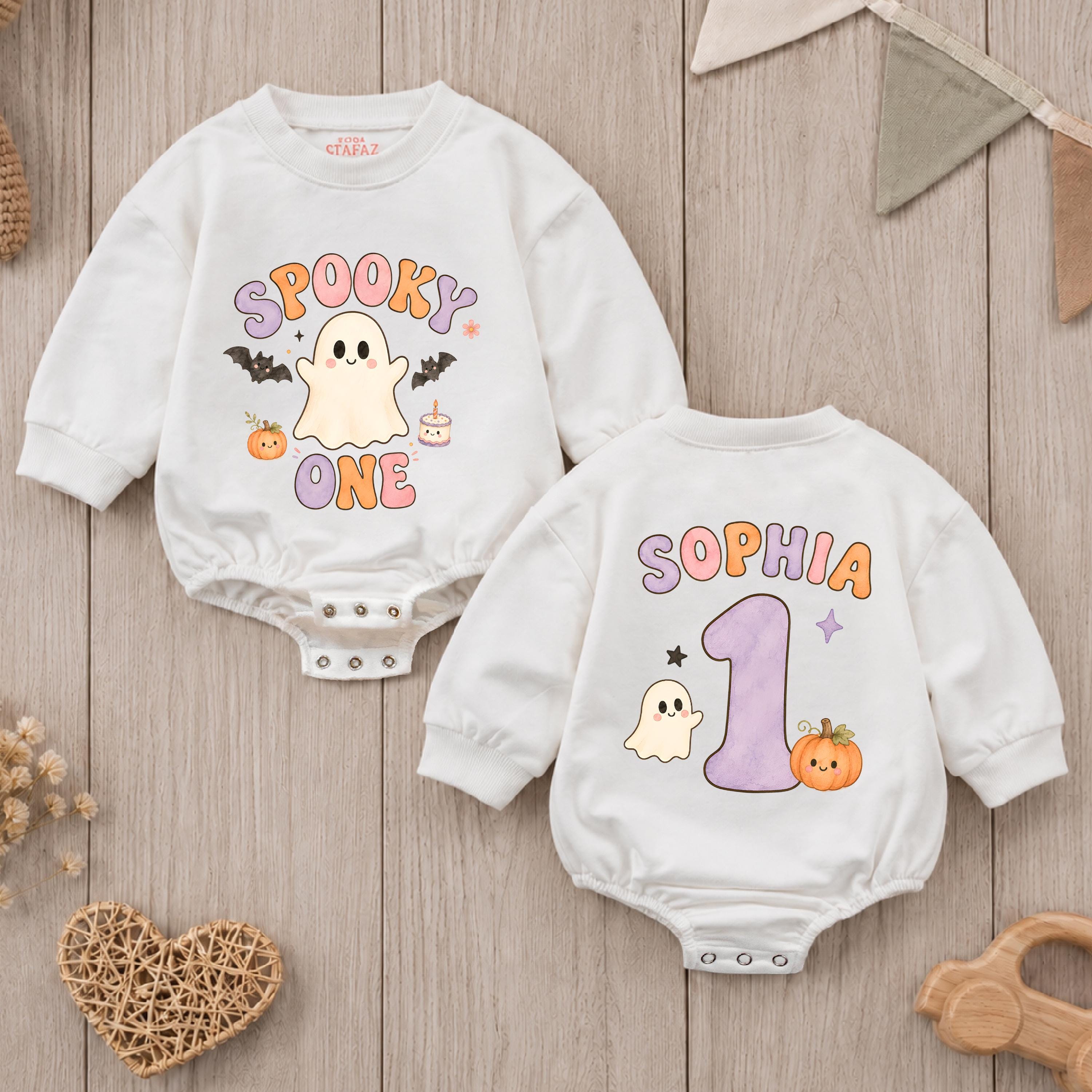 Spooky One Halloween Baby Romper with Ghost and Pumpkin Design, Custom Name 1st Birthday Outfit, Fall Baby Shower Gift Idea