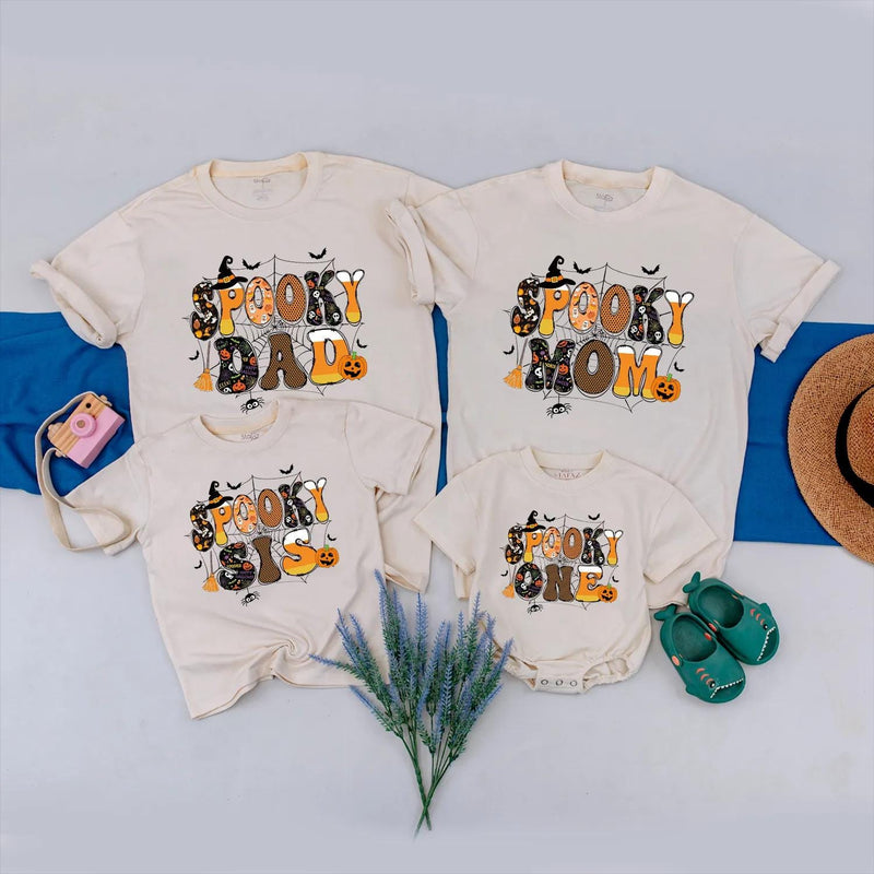 Spooky One Halloween Birthday Shirt for Baby or Toddler with Retro Bubble Letter Design Custom 1st Birthday Outfit Family Matching Tee