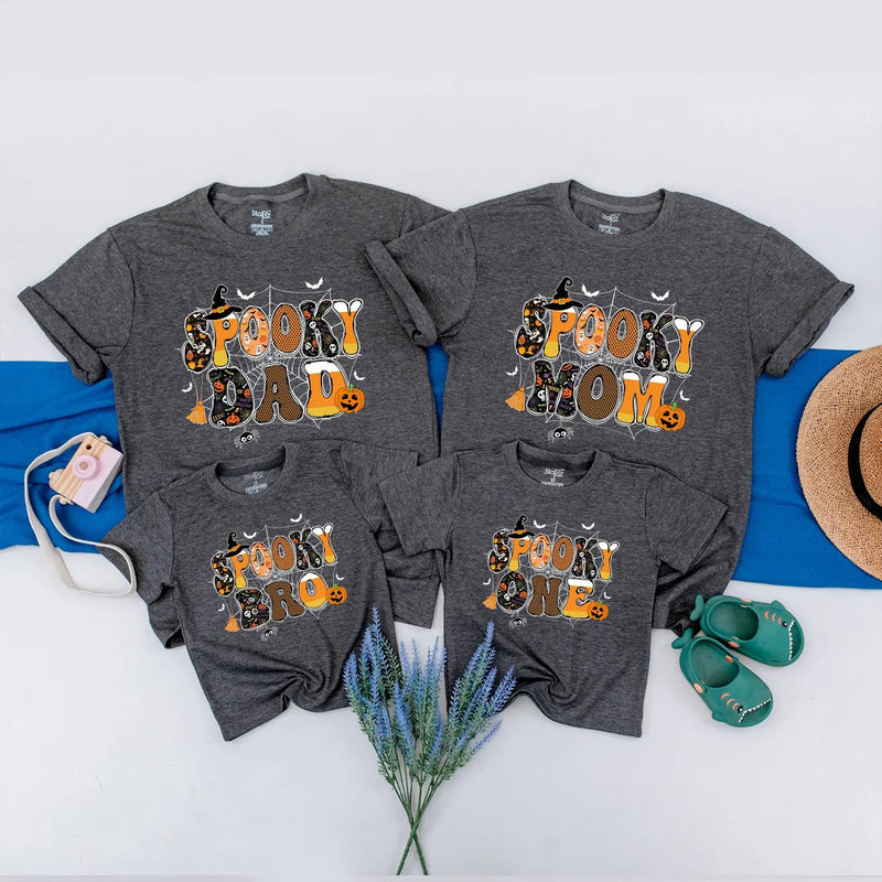Spooky One Halloween Birthday Shirt for Baby or Toddler with Retro Bubble Letter Design Custom 1st Birthday Outfit Family Matching Tee