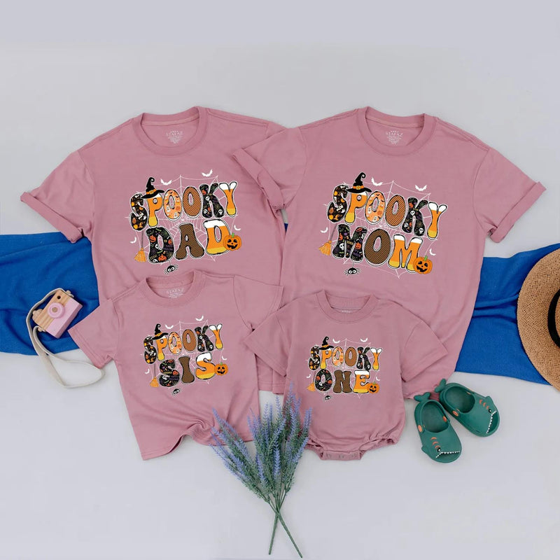 Spooky One Halloween Birthday Shirt for Baby or Toddler with Retro Bubble Letter Design Custom 1st Birthday Outfit Family Matching Tee