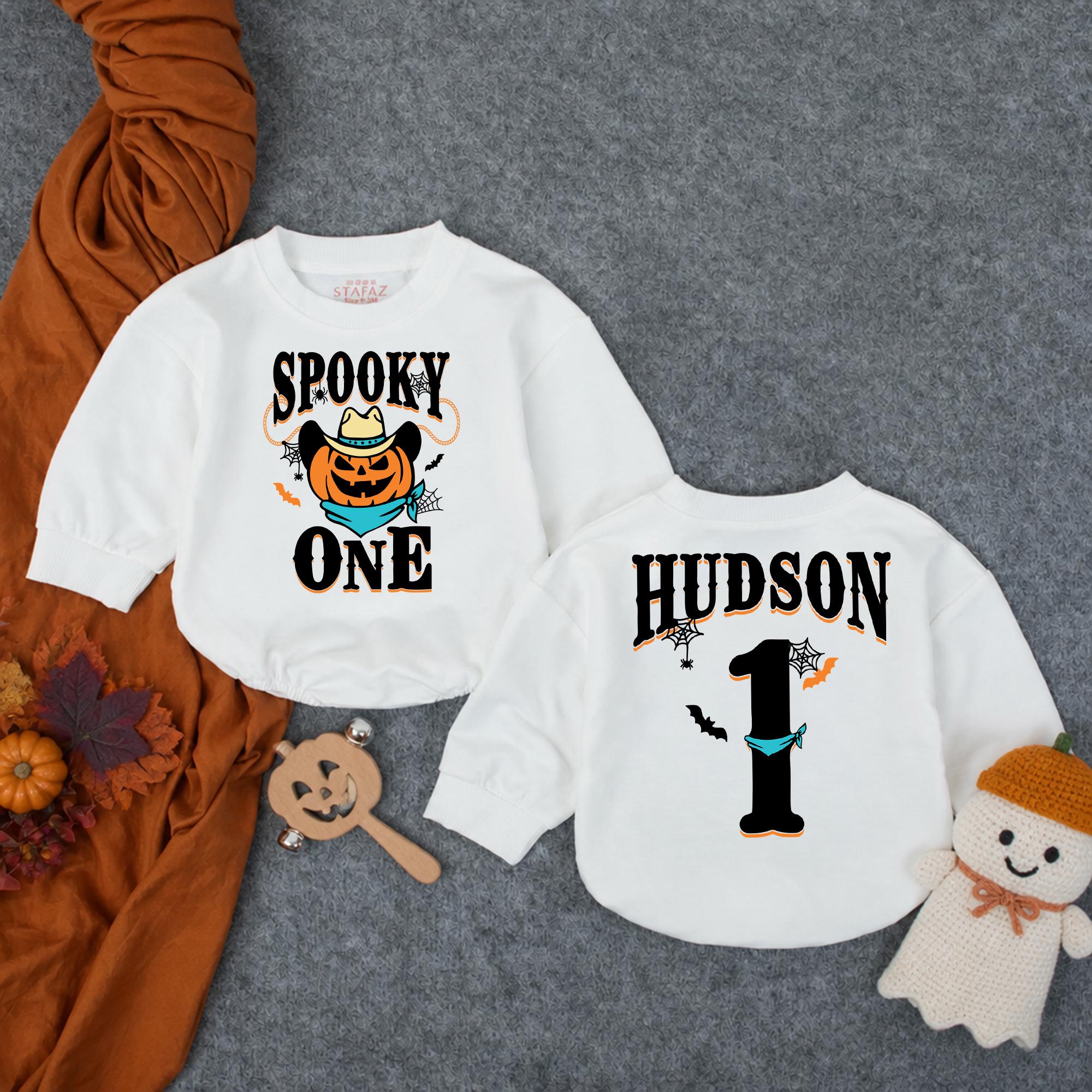 Spooky One Pumpkin Cowboy Baby Romper with Custom Name, Halloween First Birthday Sweatshirt Outfit for Boys