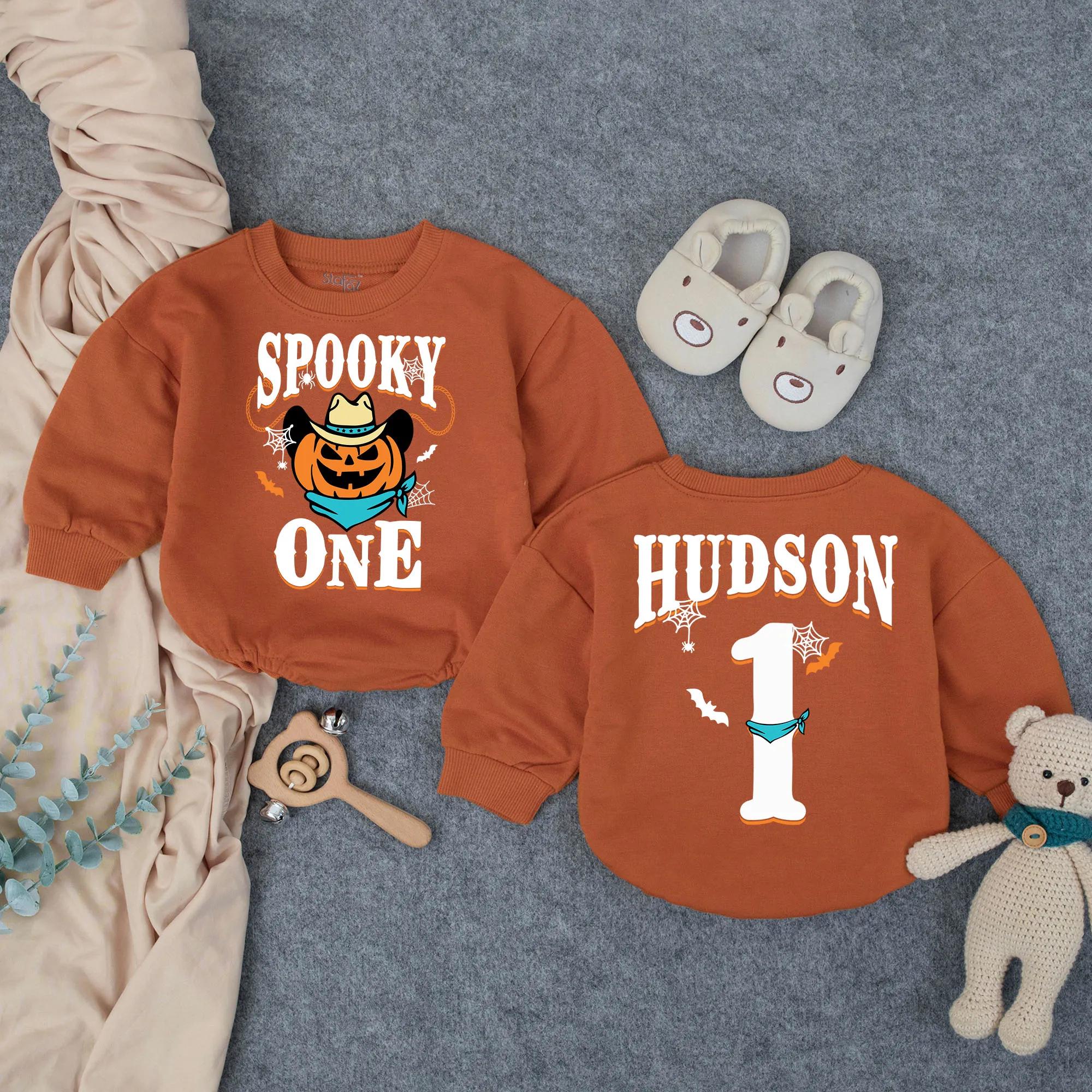 Spooky One Pumpkin Cowboy Baby Romper with Custom Name, Halloween First Birthday Sweatshirt Outfit for Boys
