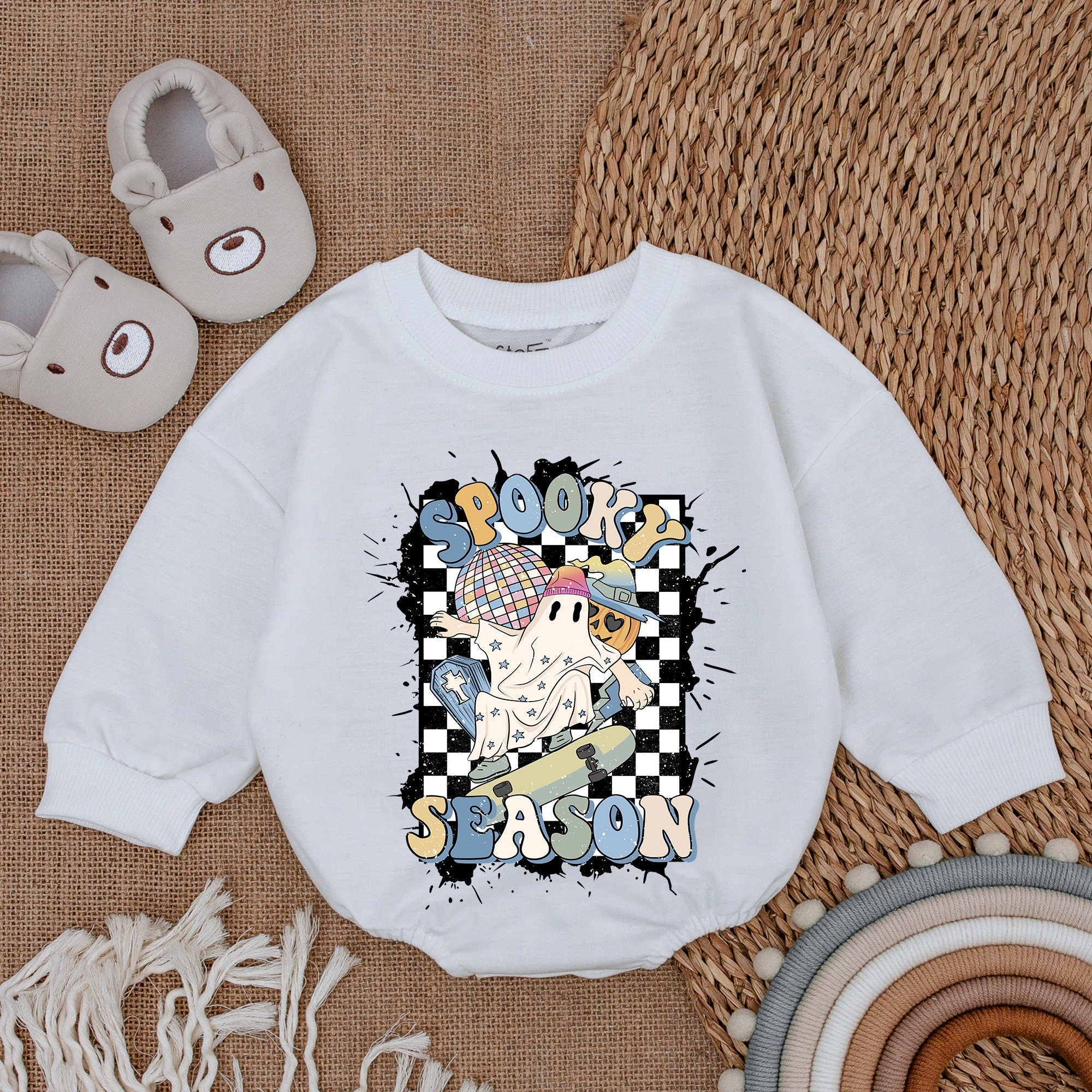 Spooky Season Baby Bodysuit Witch Hat Ghost Halloween Romper Boy Girl Outfit Checkered Pastel Fun First Holiday Soft Cotton Clothes