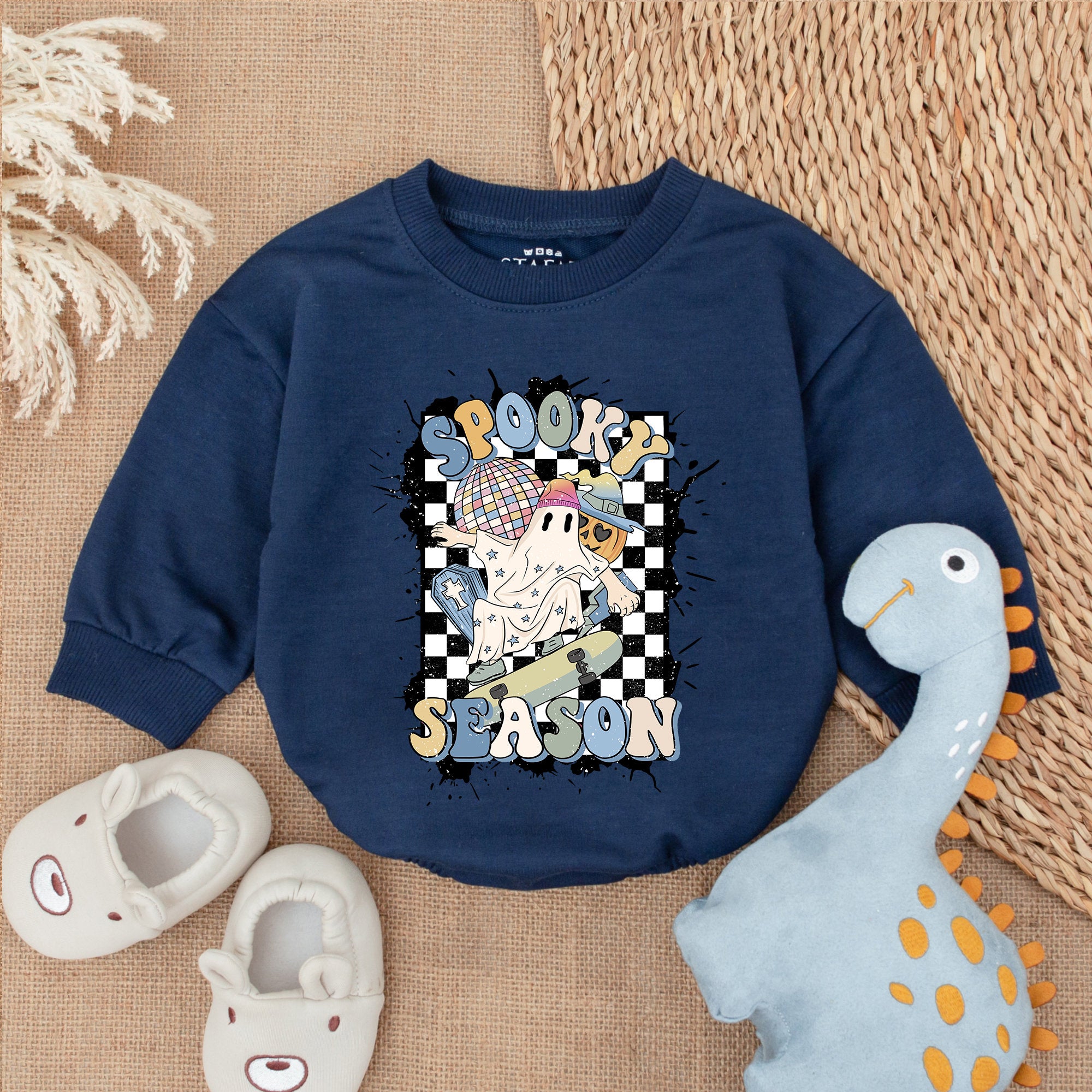 Spooky Season Baby Bodysuit Witch Hat Ghost Halloween Romper Boy Girl Outfit Checkered Pastel Fun First Holiday Soft Cotton Clothes