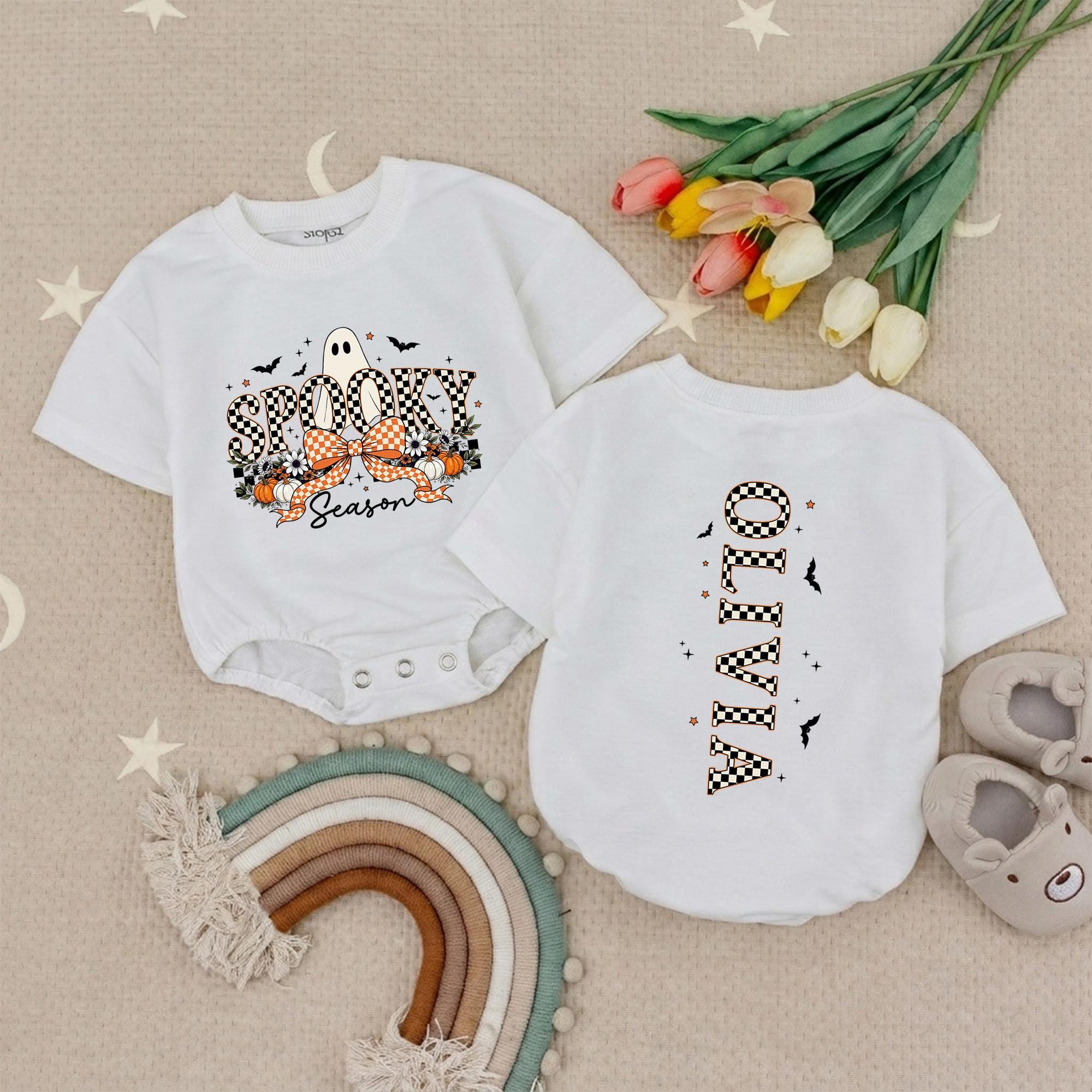 Spooky Season Baby Romper with Ghost and Pumpkin Design, Custom Name Halloween Outfit, Newborn Fall Bodysuit for Baby Shower Gift