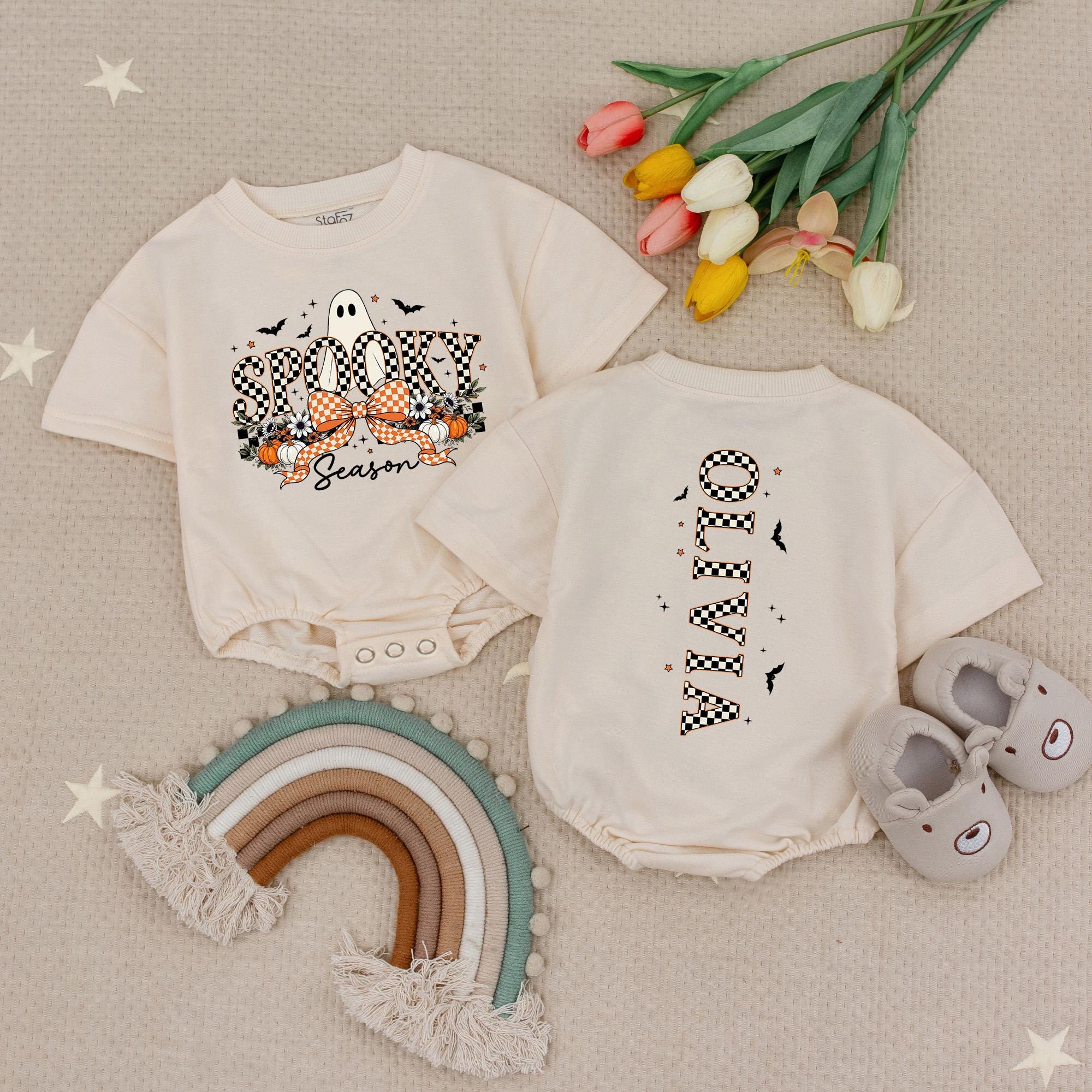 Spooky Season Baby Romper with Ghost and Pumpkin Design, Custom Name Halloween Outfit, Newborn Fall Bodysuit for Baby Shower Gift