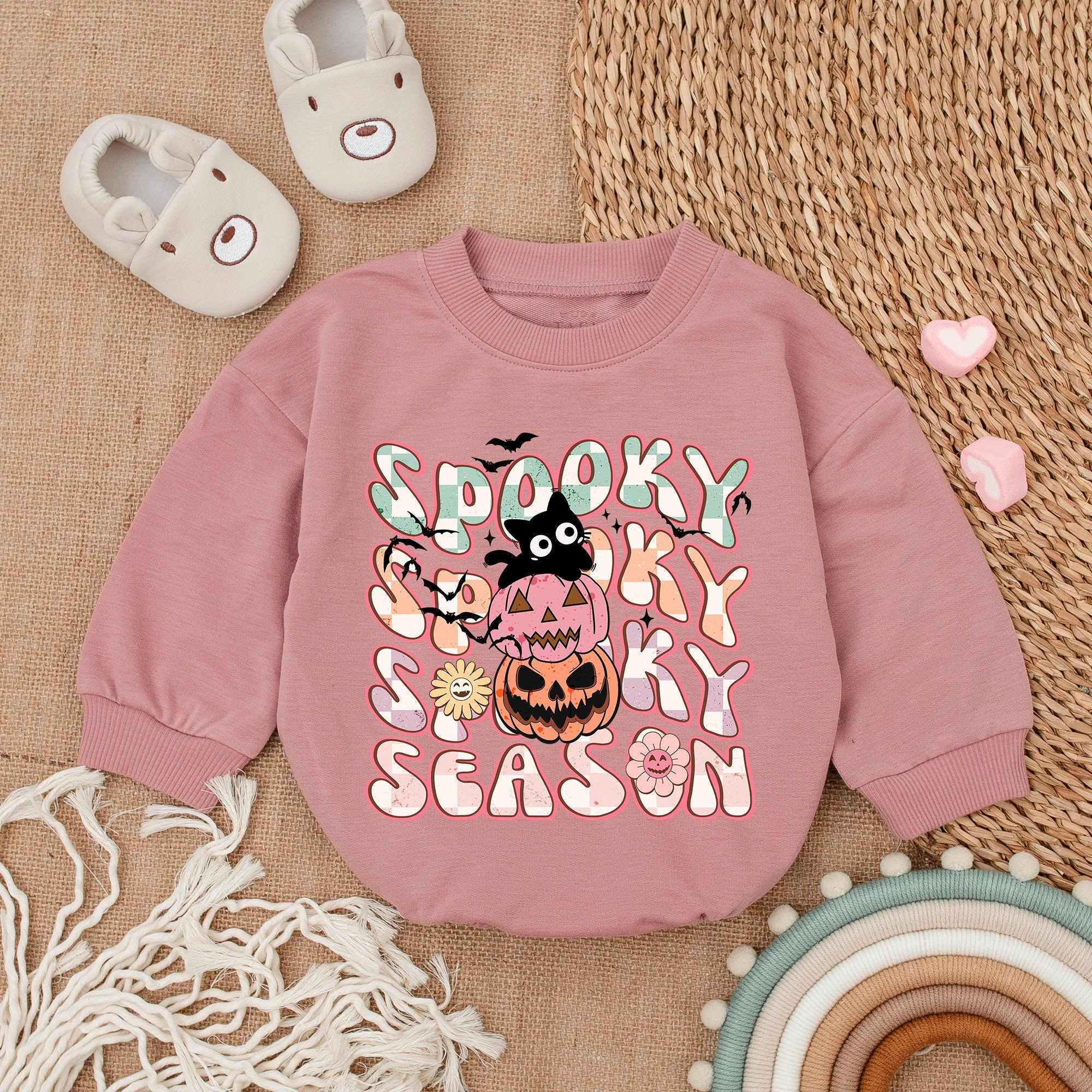 Spooky Season Baby Romper with Pastel Pink Orange Halloween Design Soft Cotton Outfit for Girl's First Holiday Party Fun Style