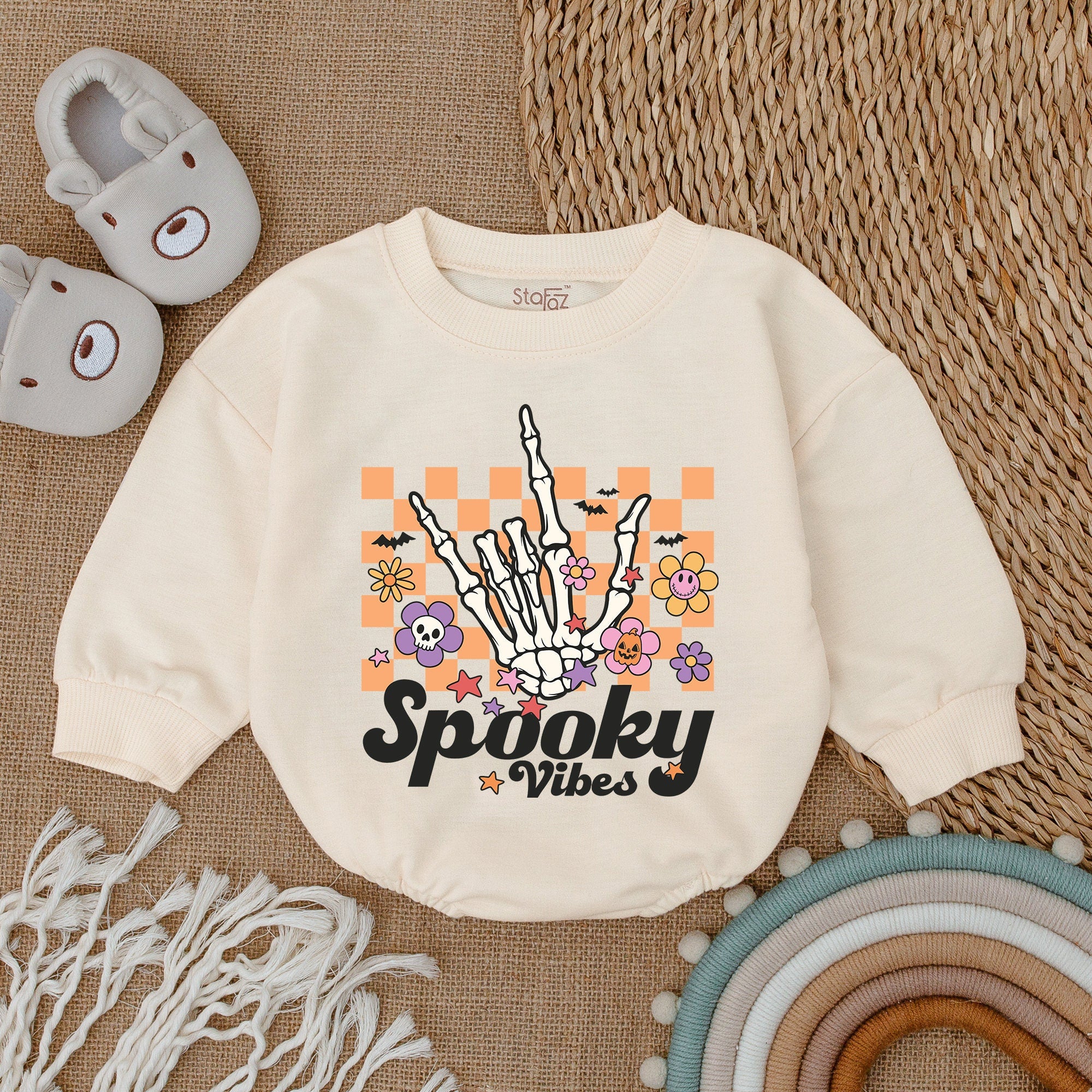 Spooky Vibes Halloween Baby Romper with Skeleton Peace Sign and Flowers Fun Holiday Outfit for Boy or Girl Comfortable Cotton Wear