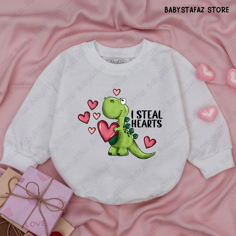 I Steal Hearts Baby Boy Romper Cute Dinosaur Valentine Outfit Infant Gift Cotton Playful Bodysuit Whimsical Pink Green Design