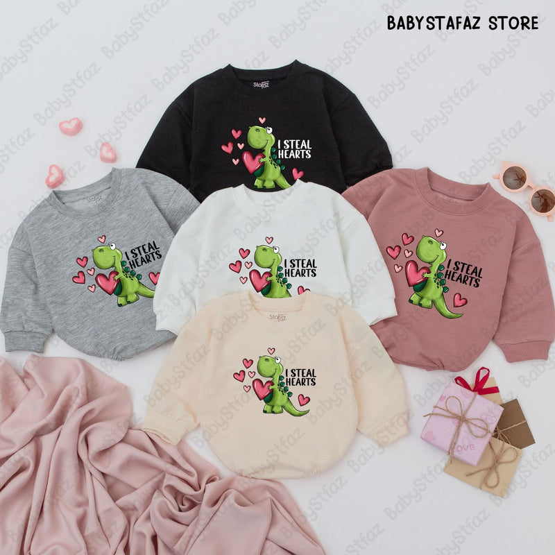 I Steal Hearts Baby Boy Romper Cute Dinosaur Valentine Outfit Infant Gift Cotton Playful Bodysuit Whimsical Pink Green Design