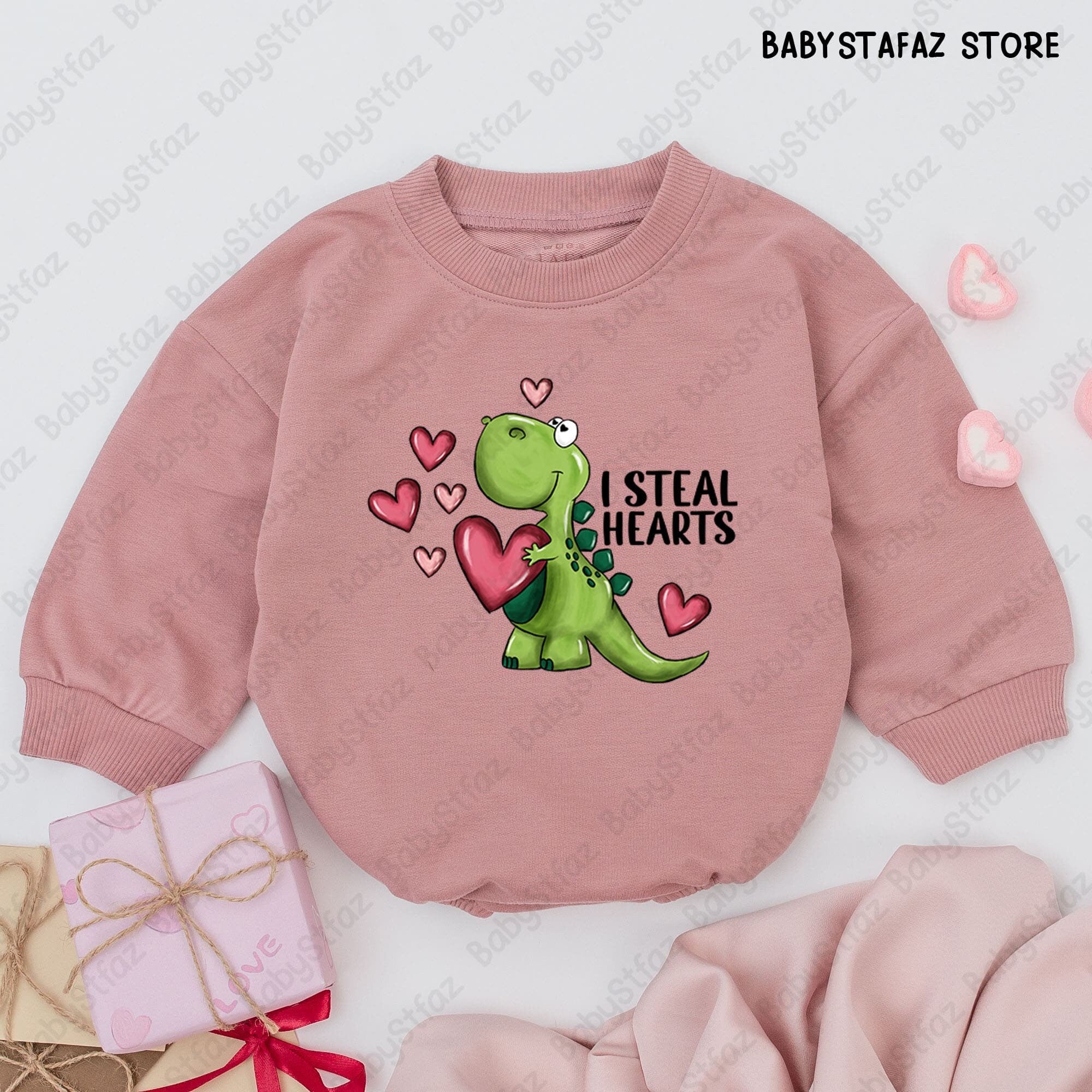 I Steal Hearts Baby Boy Romper Cute Dinosaur Valentine Outfit Infant Gift Cotton Playful Bodysuit Whimsical Pink Green Design