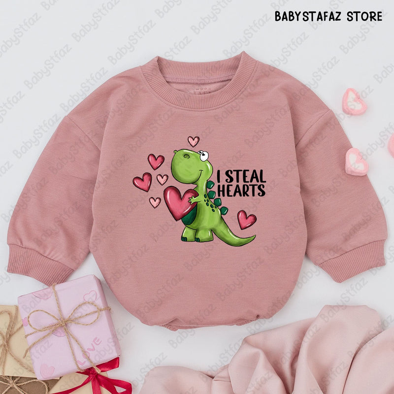 I Steal Hearts Baby Boy Romper Cute Dinosaur Valentine Outfit Infant Gift Cotton Playful Bodysuit Whimsical Pink Green Design