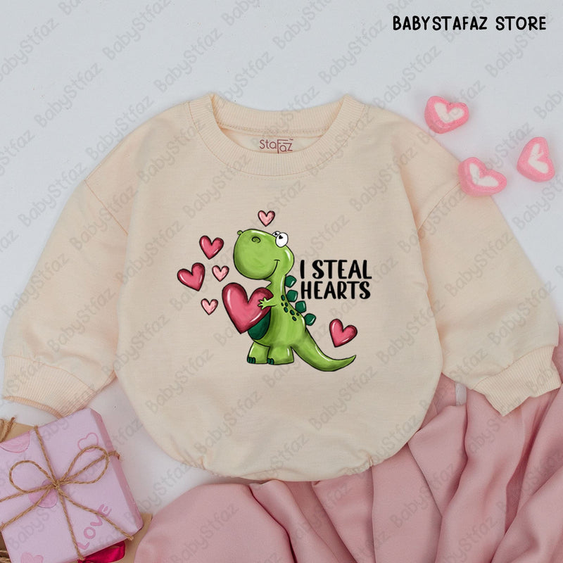 I Steal Hearts Baby Boy Romper Cute Dinosaur Valentine Outfit Infant Gift Cotton Playful Bodysuit Whimsical Pink Green Design