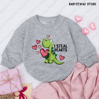 I Steal Hearts Baby Boy Romper Cute Dinosaur Valentine Outfit Infant Gift Cotton Playful Bodysuit Whimsical Pink Green Design